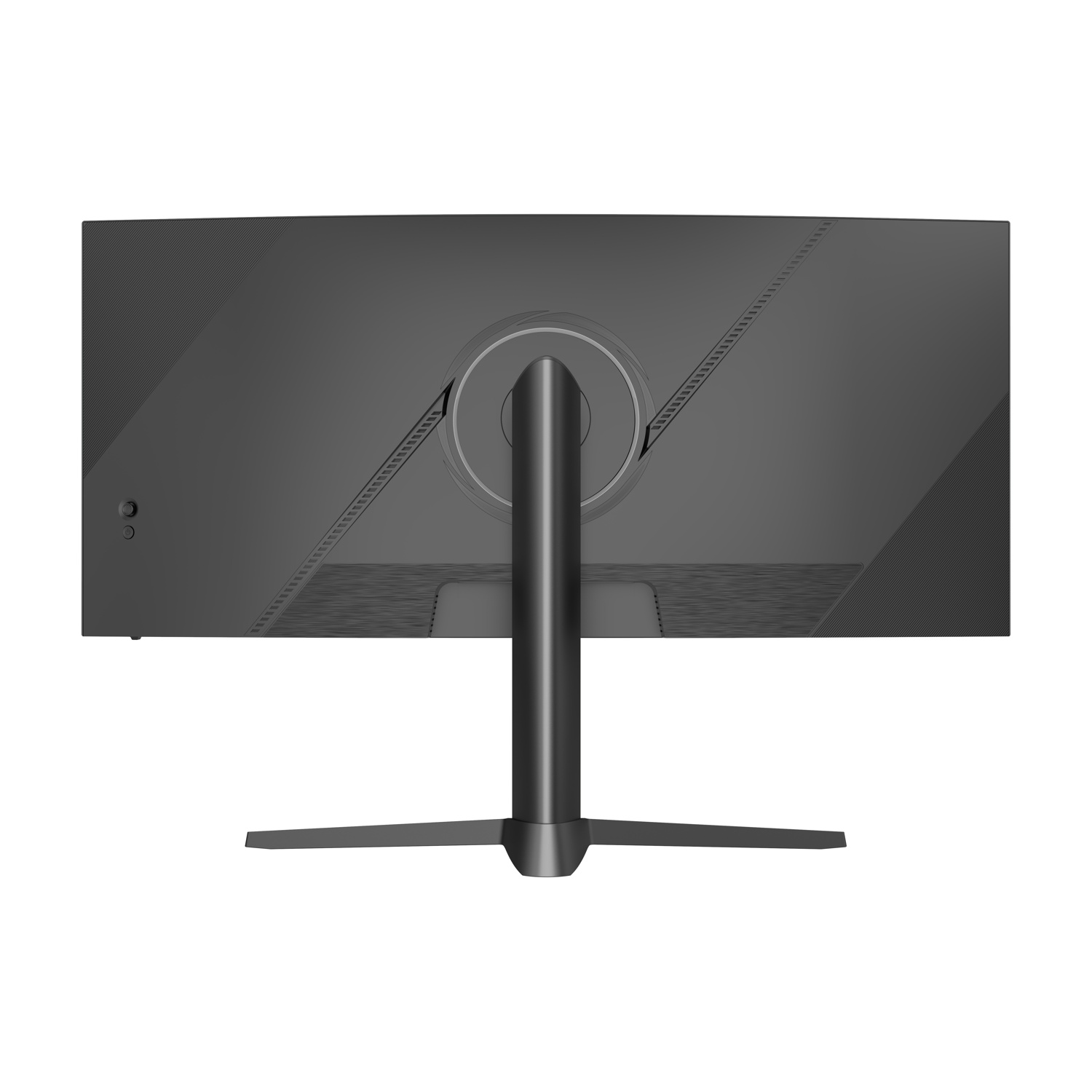 Vista posteriore di un monitor per computer curvo grigio scuro. Ha un supporto centrale e una base. Il monitor è su sfondo bianco.