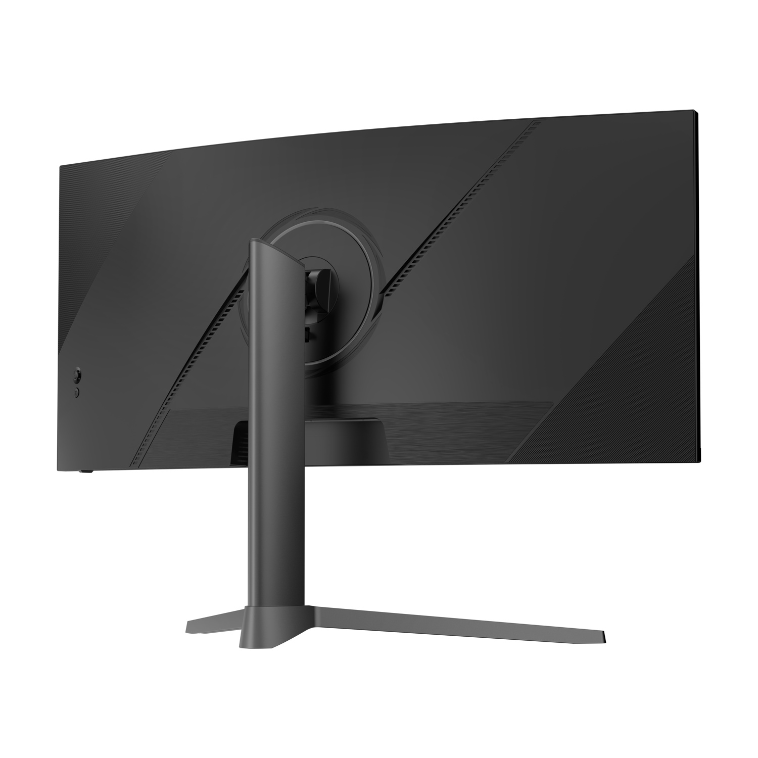 Vista posteriore di un monitor curvo nero con supporto. Il monitor ha un design elegante, con prese d'aria nella parte superiore.