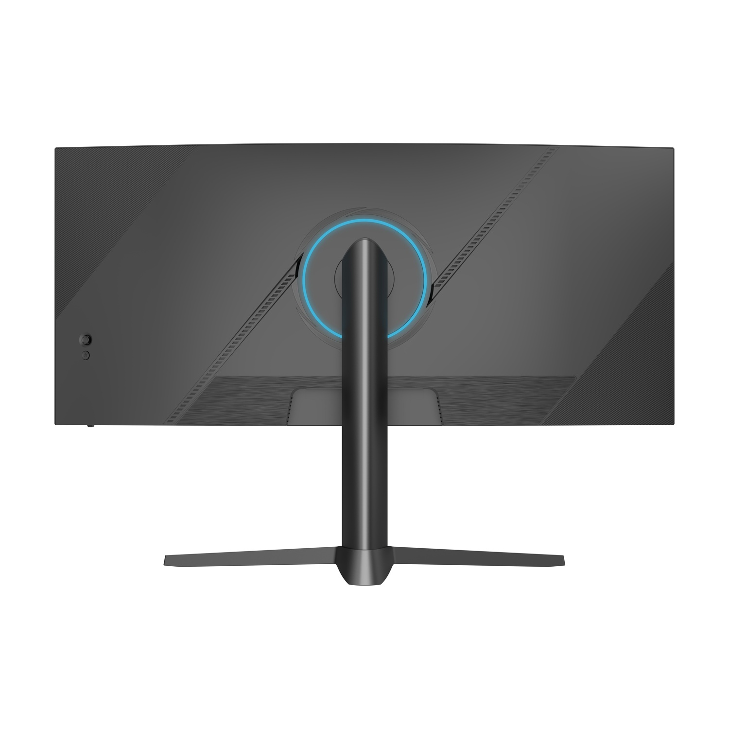 Vista posteriore di un monitor curvo con supporto centrale. Lo schermo è nero con un anello blu e un pulsante a sinistra.