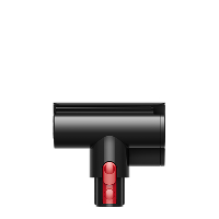 Accesorio negro y rojo para aspiradora. En forma de T, con botón rojo.