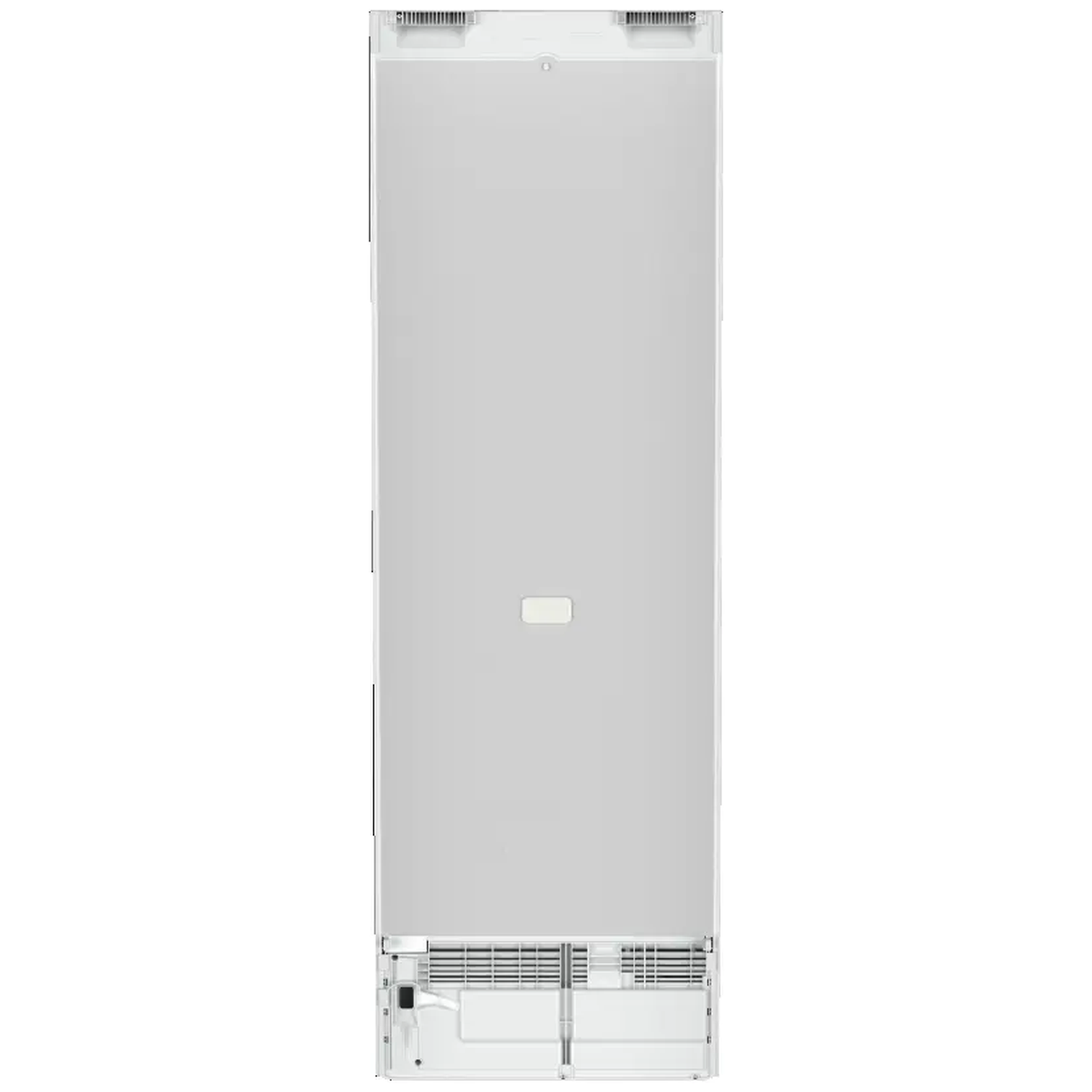 De achterkant van een witte koelkast op een witte achtergrond. Het heeft ventilatieopeningen aan de boven- en onderkant en een lichtgekleurd paneel.