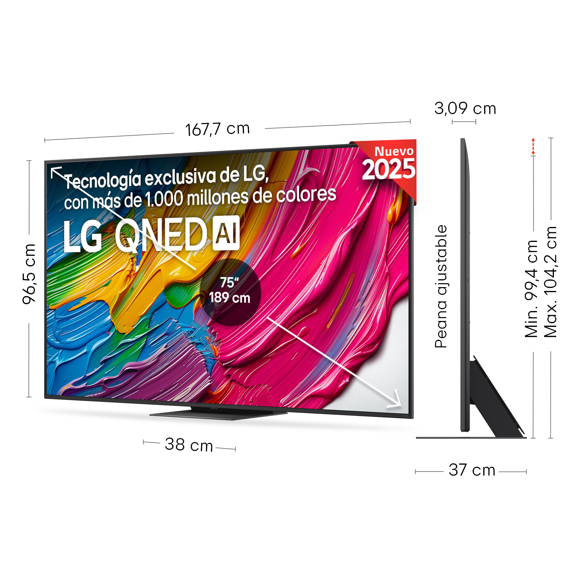 TV LG QNED AI, 75 pulgadas, con dimensiones. Incluye soporte. Fondo abstracto colorido. Etiqueta 'Nuevo 2025'.