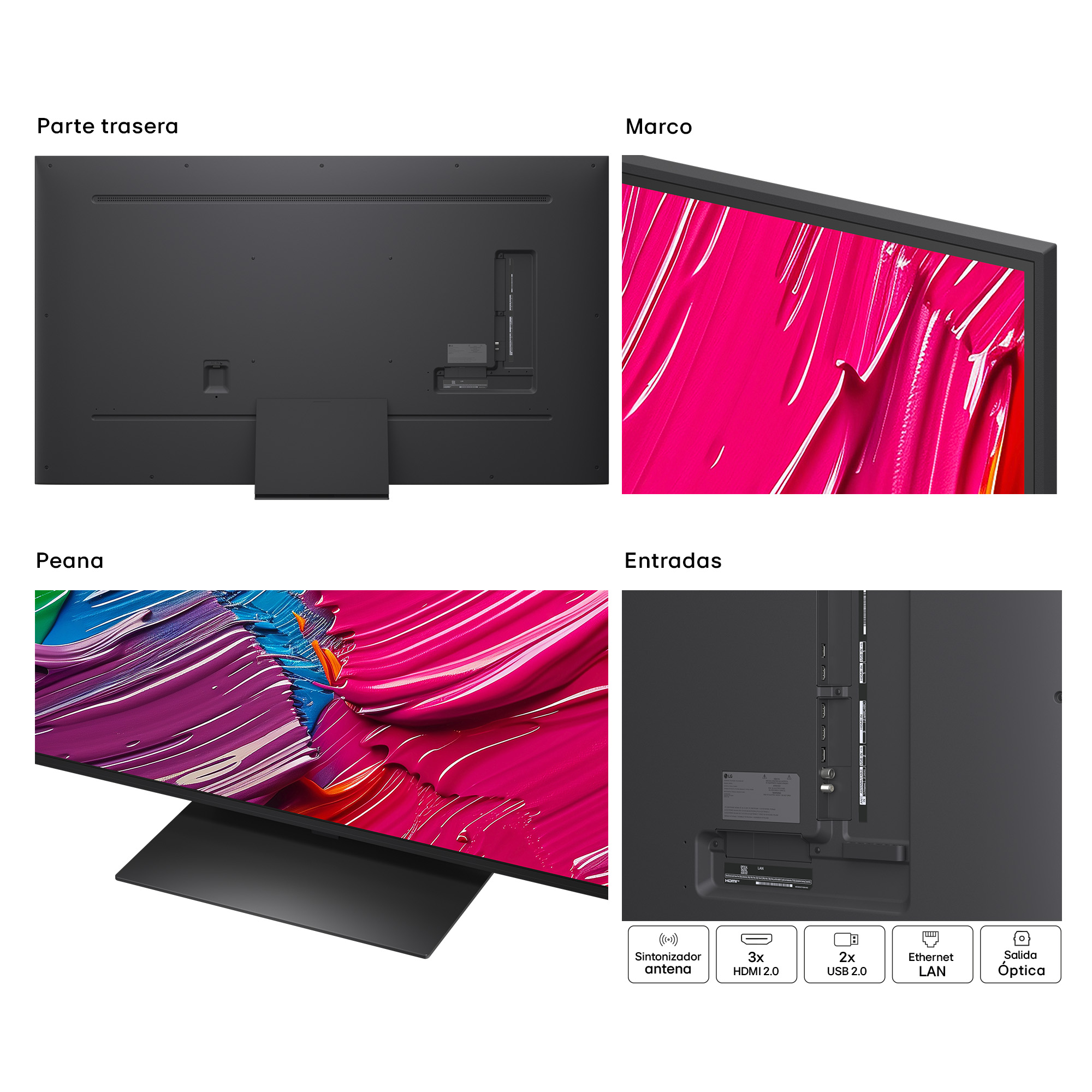 La imagen muestra partes de un televisor: parte trasera, pantalla con obra de arte, soporte y puertos. Las etiquetas incluyen antena, HDMI, USB, LAN y óptica.