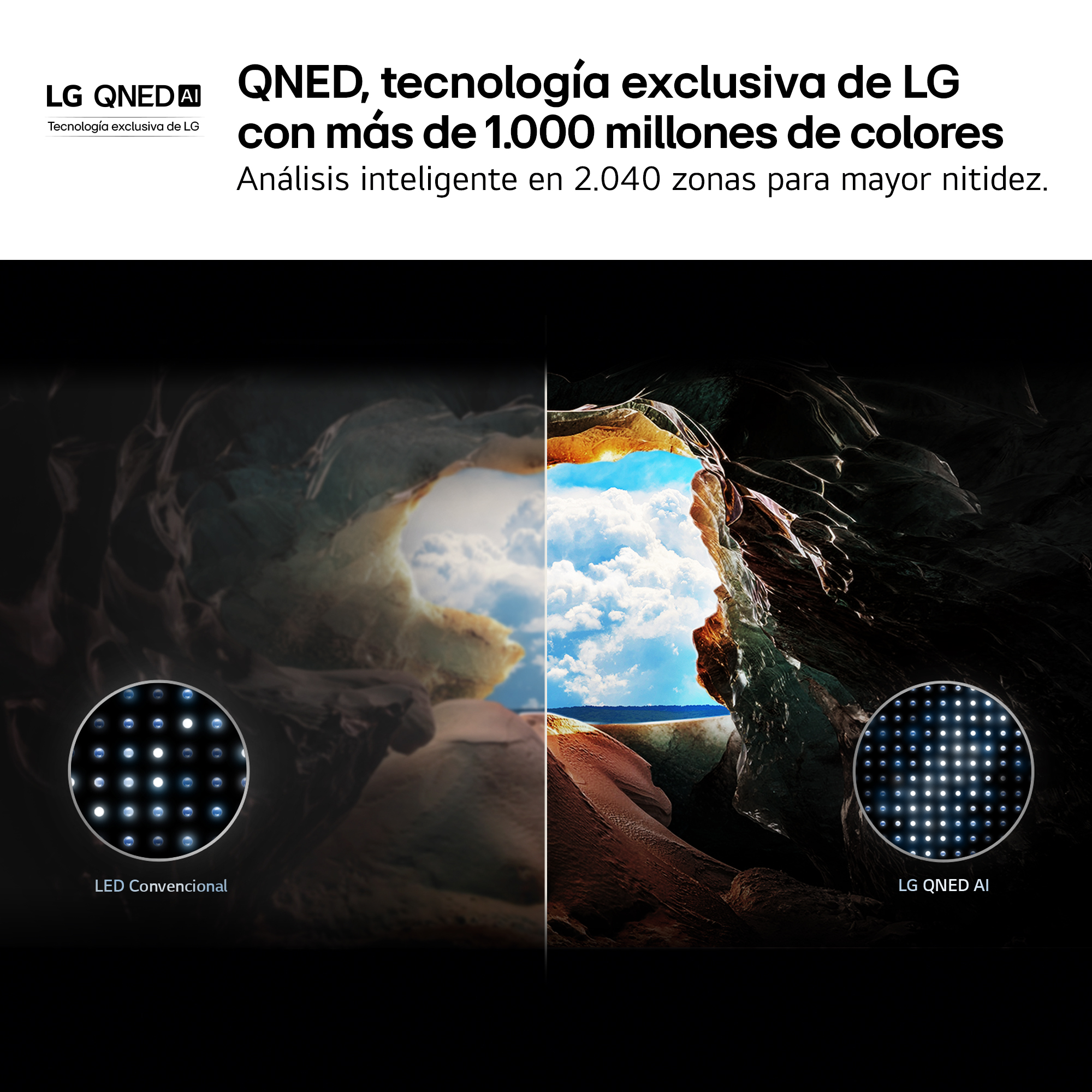La imagen muestra una escena dividida: LED convencional vs. LG QNED AI. Ambos muestran patrones de puntos. El lado derecho tiene una abertura con cielo azul.