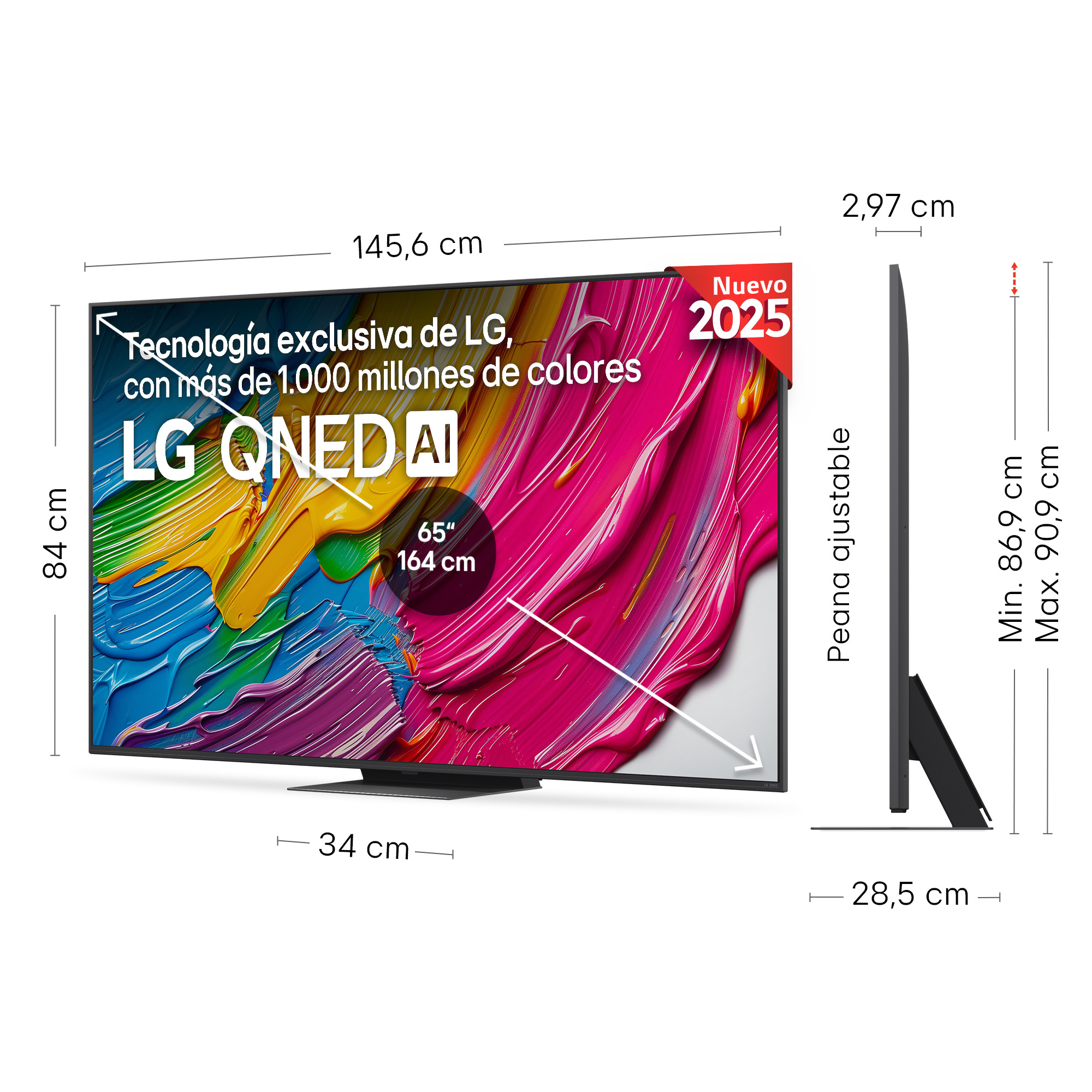 TV LG QNED AI con dimensiones, mostrando una pantalla colorida, con etiqueta 'Nuevo 2025'.