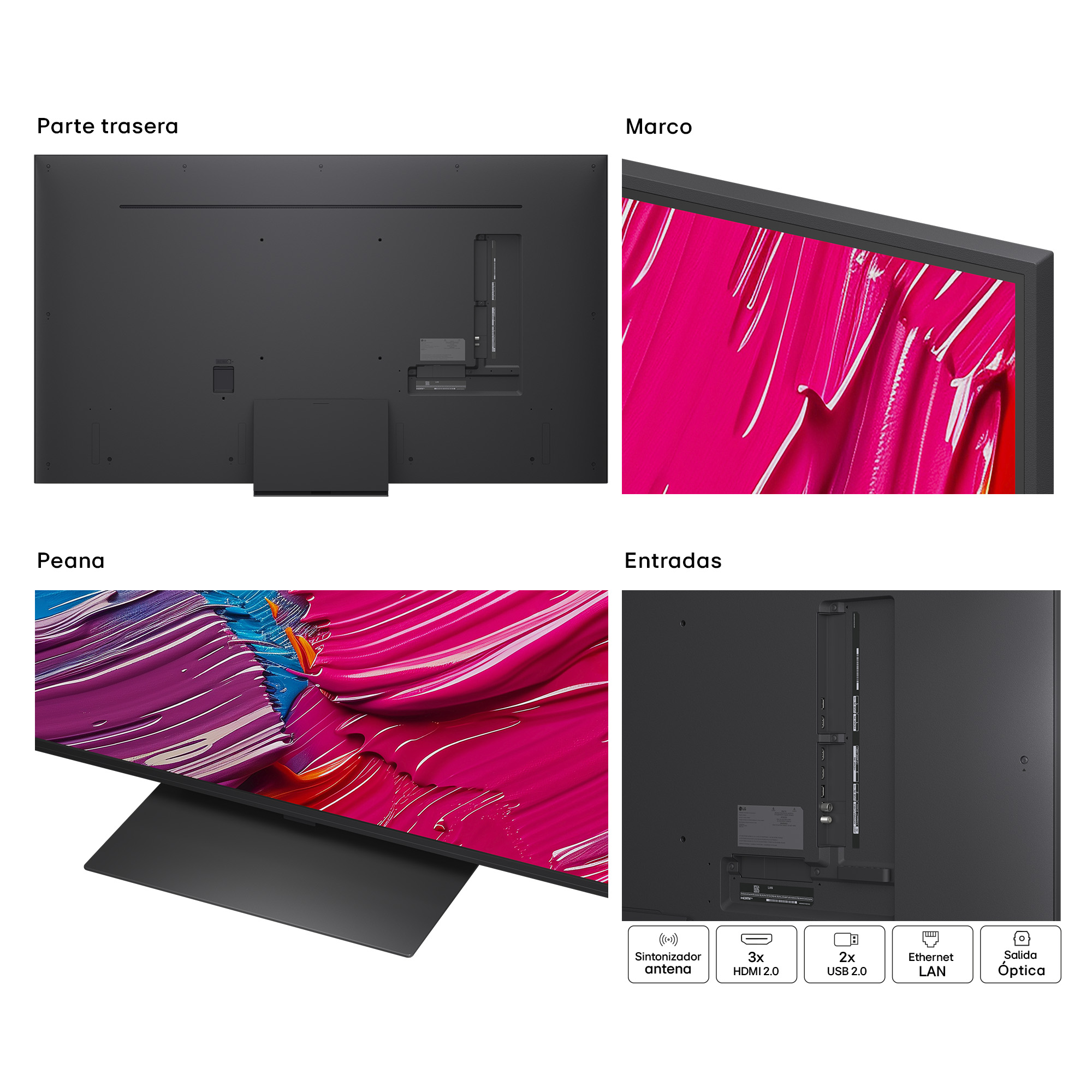 Un televisor con marco y soporte negros. La pantalla muestra arte abstracto colorido. La parte trasera tiene puertos.