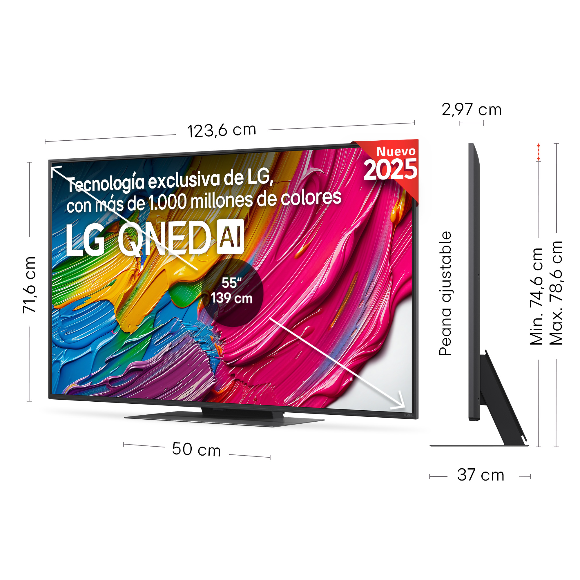 TV LG QNED AI, se muestran dimensiones y especificaciones. 55 pulgadas, 139 cm. Colores y marca visibles. Dimensiones etiquetadas.