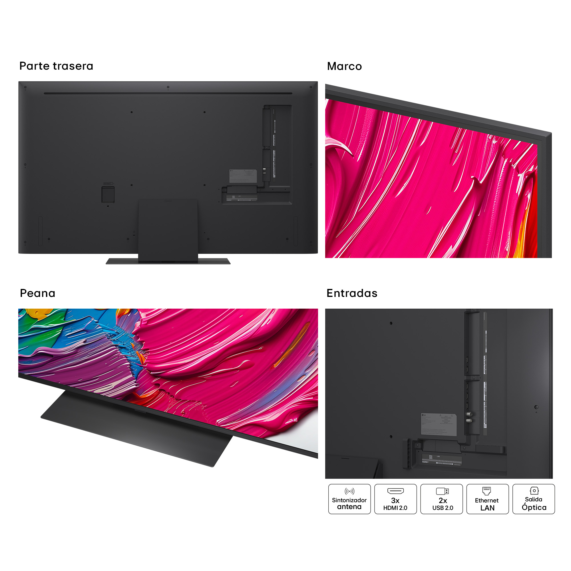 Un televisor con diferentes vistas: parte trasera, marco, soporte y entradas. La pantalla muestra arte abstracto colorido.