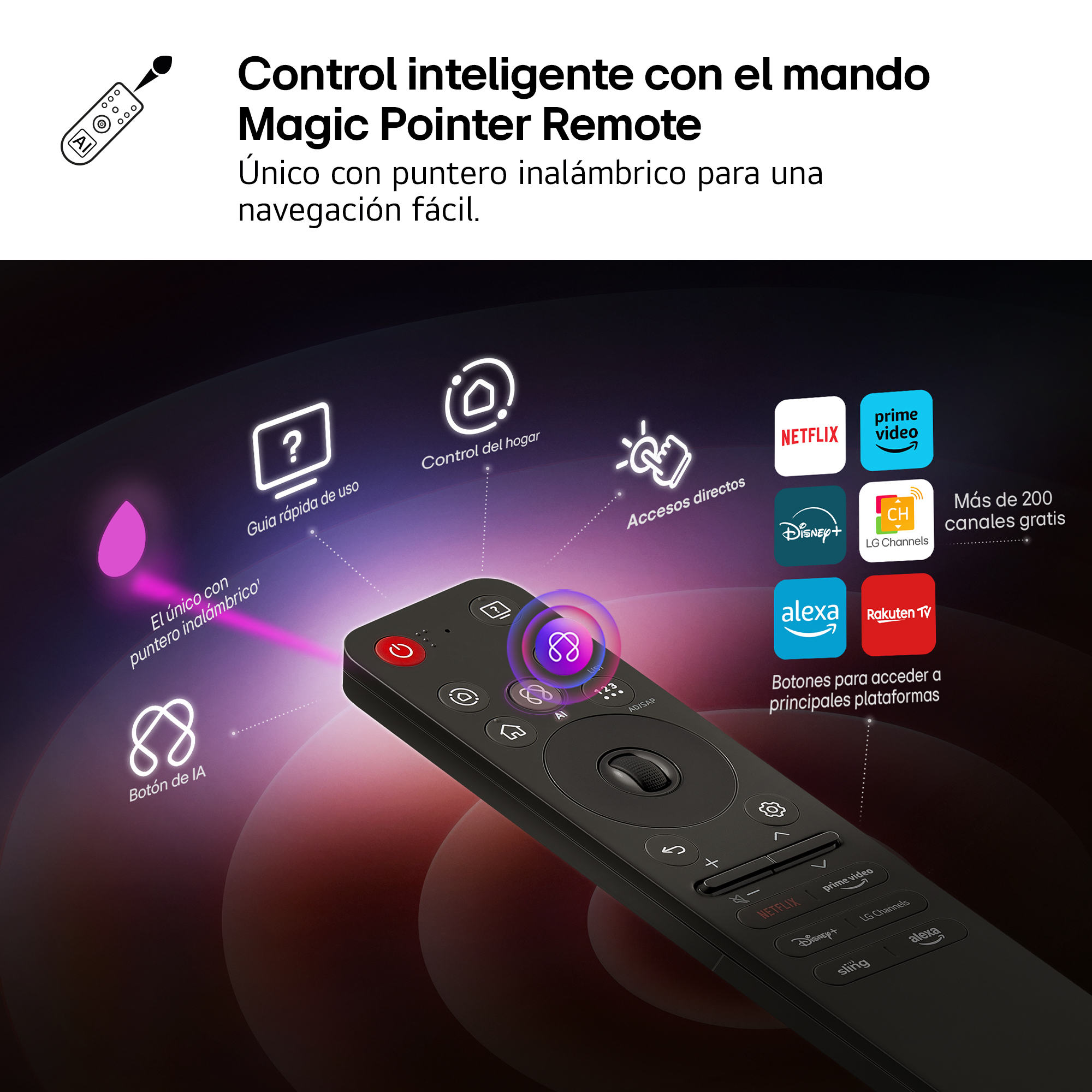 Un mando negro con botones, incluyendo Netflix, Prime Video y Disney+. Cuenta con un puntero e iconos de control.