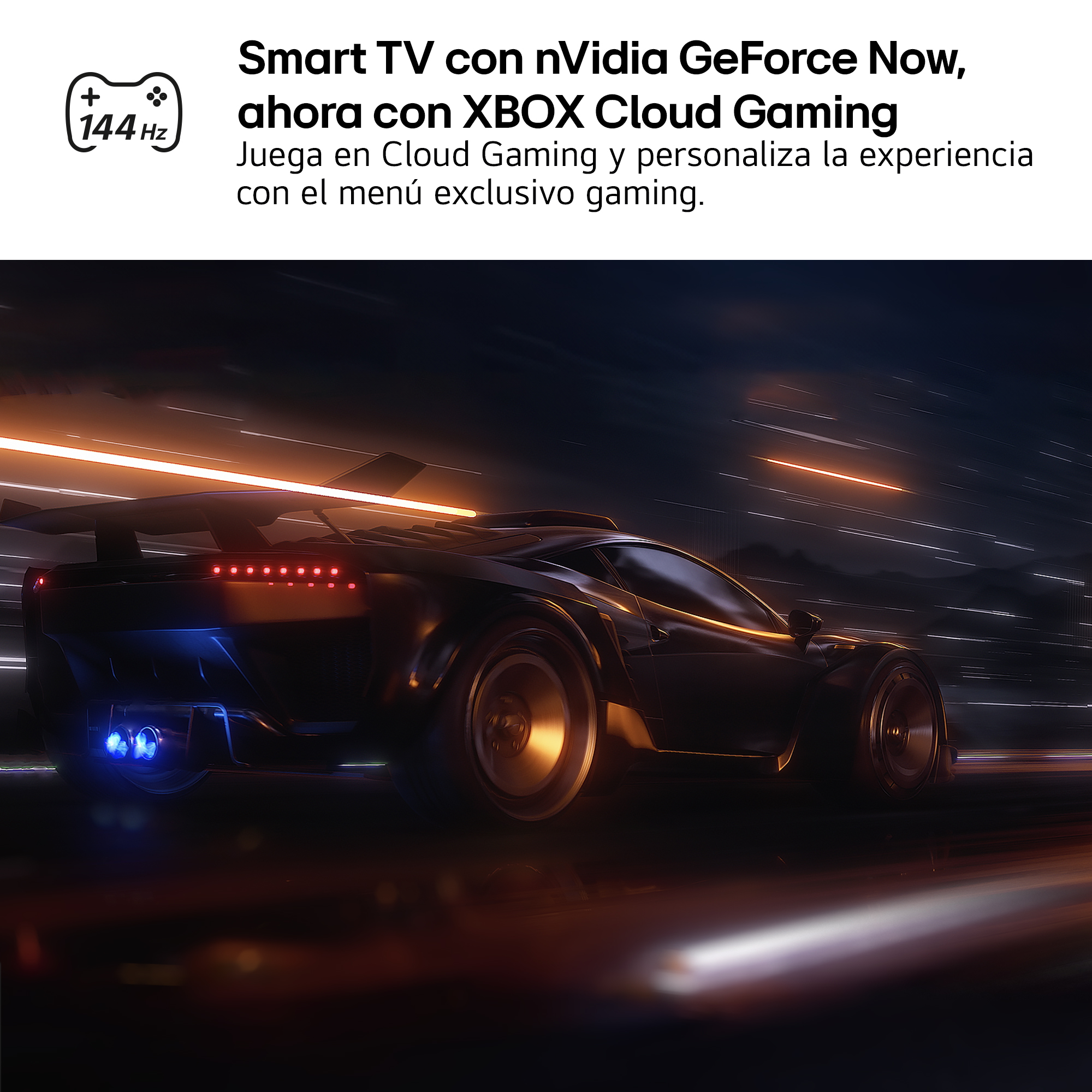 Un coche deportivo negro a gran velocidad de noche con desenfoque de movimiento. Luces brillantes y símbolo de consola de juegos.