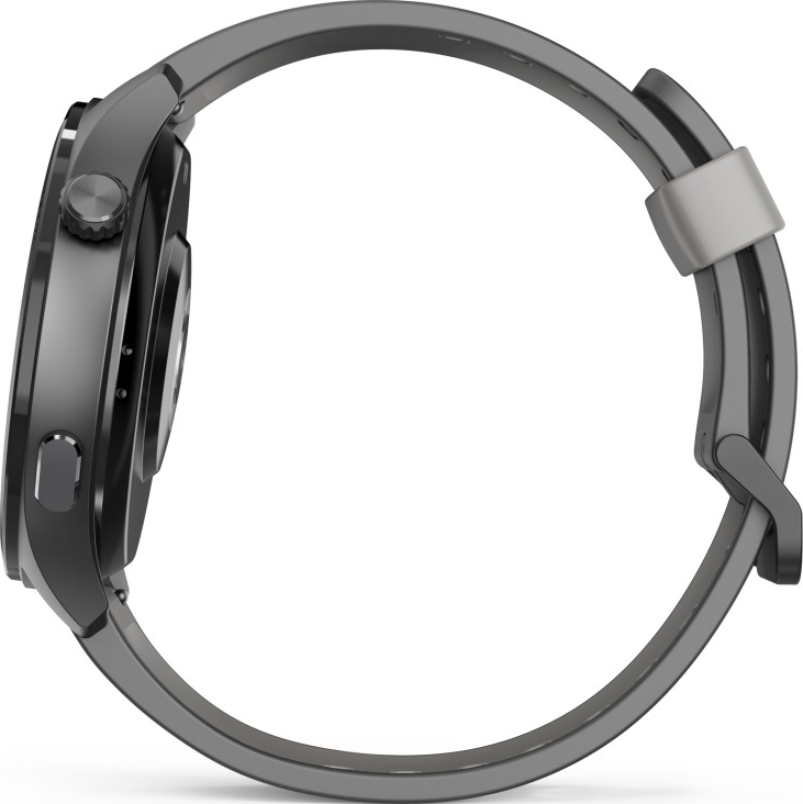Dunkelgraue Smartwatch, Seitenansicht, mit rundem Zifferblatt und Armband. Das Armband hat einen hellgrauen Verschluss.