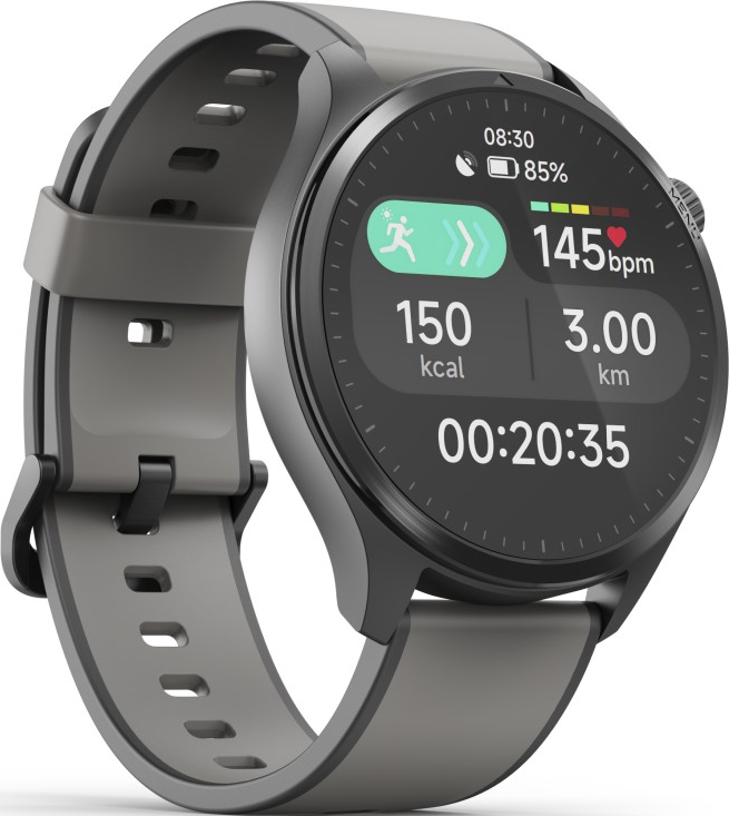 Eine Smartwatch zeigt Trainingsstatistiken an: Zeit, Distanz, Herzfrequenz und verbrannte Kalorien. Die Uhr ist grau mit schwarzem Bildschirm und hellgrauem Band.