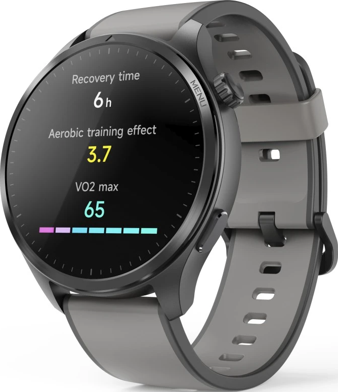 Eine graue Smartwatch zeigt Fitnessdaten an: Erholungszeit, aerober Trainingseffekt und VO2max. Graues Armband mit Löchern.