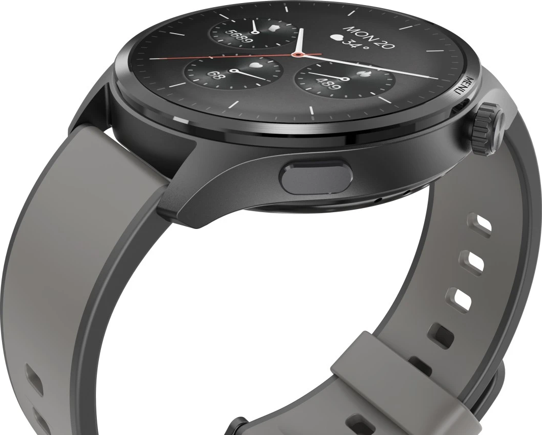 Nahaufnahme einer Smartwatch. Sie ist schwarz mit grauem Armband. Das Zifferblatt zeigt Datum, Temperatur und andere Daten.