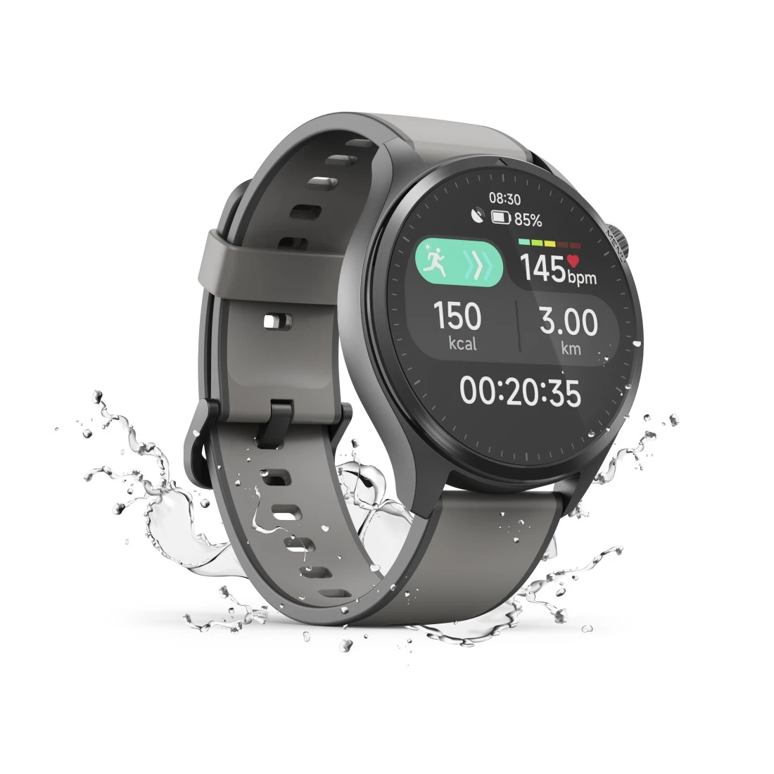 Eine Smartwatch mit grauem Armband zeigt Trainingsstatistiken an: Zeit, Distanz, Kalorien und Herzfrequenz. Wasserspritzer um die Uhr.