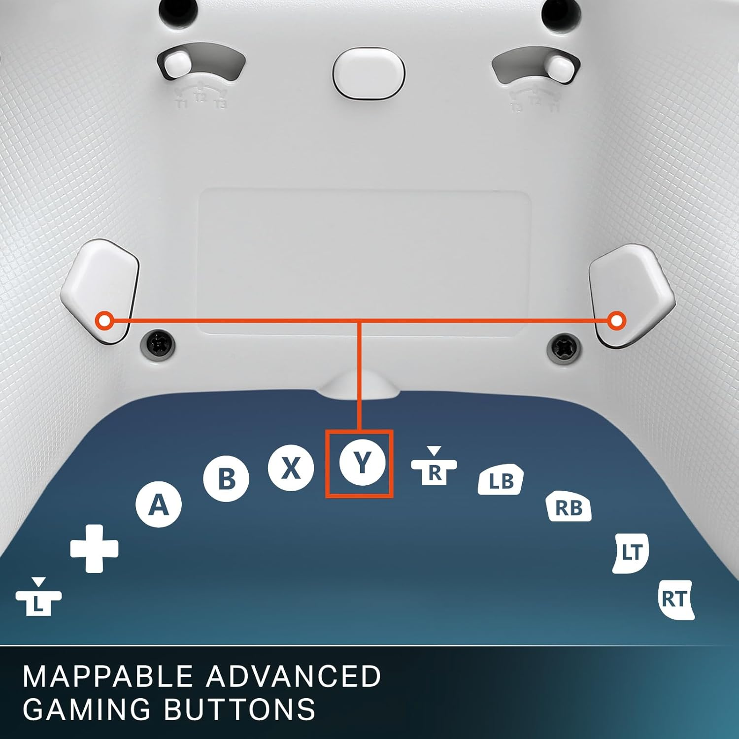 Weißer Gaming-Controller mit den Tasten A, B, X, Y, LB, RB, LT, RT und einem Steuerkreuz. Der Text lautet 'Belegbare erweiterte Gaming-Tasten'.