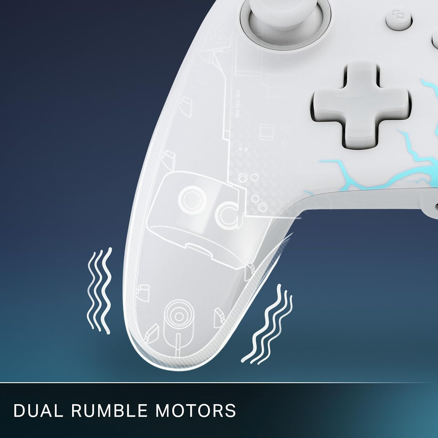 Weißer Gamecontroller mit transparentem Overlay, das interne Komponenten zeigt. Wellenlinien zeigen Rumble-Effekt. Text: Dual Rumble Motors.