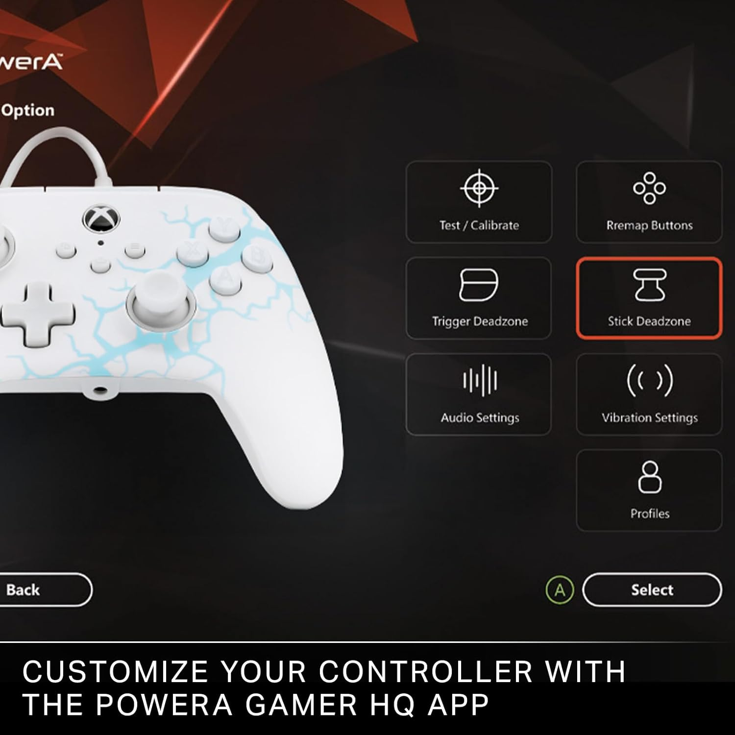 Ein weißer Gaming-Controller mit blauen Akzenten auf einem Bildschirm mit Optionen wie 'Stick Deadzone'.