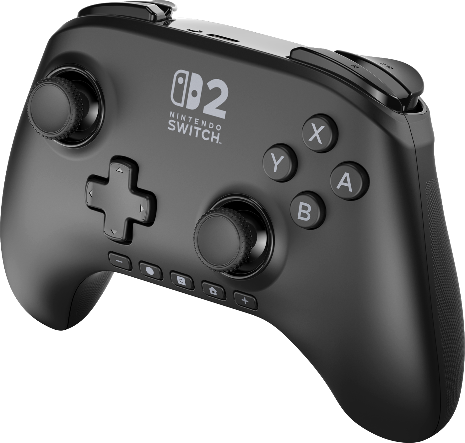 Un controller nero Nintendo Switch con pulsanti, joystick e il logo Switch. Lo sfondo è nero.