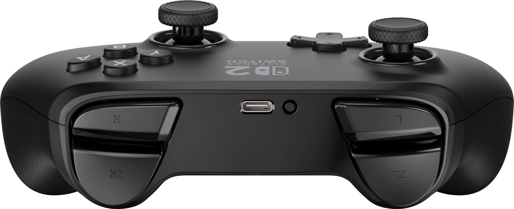 Controller nero per Nintendo Switch. Pulsanti, joystick e grilletti. Porta USB-C visibile in basso.