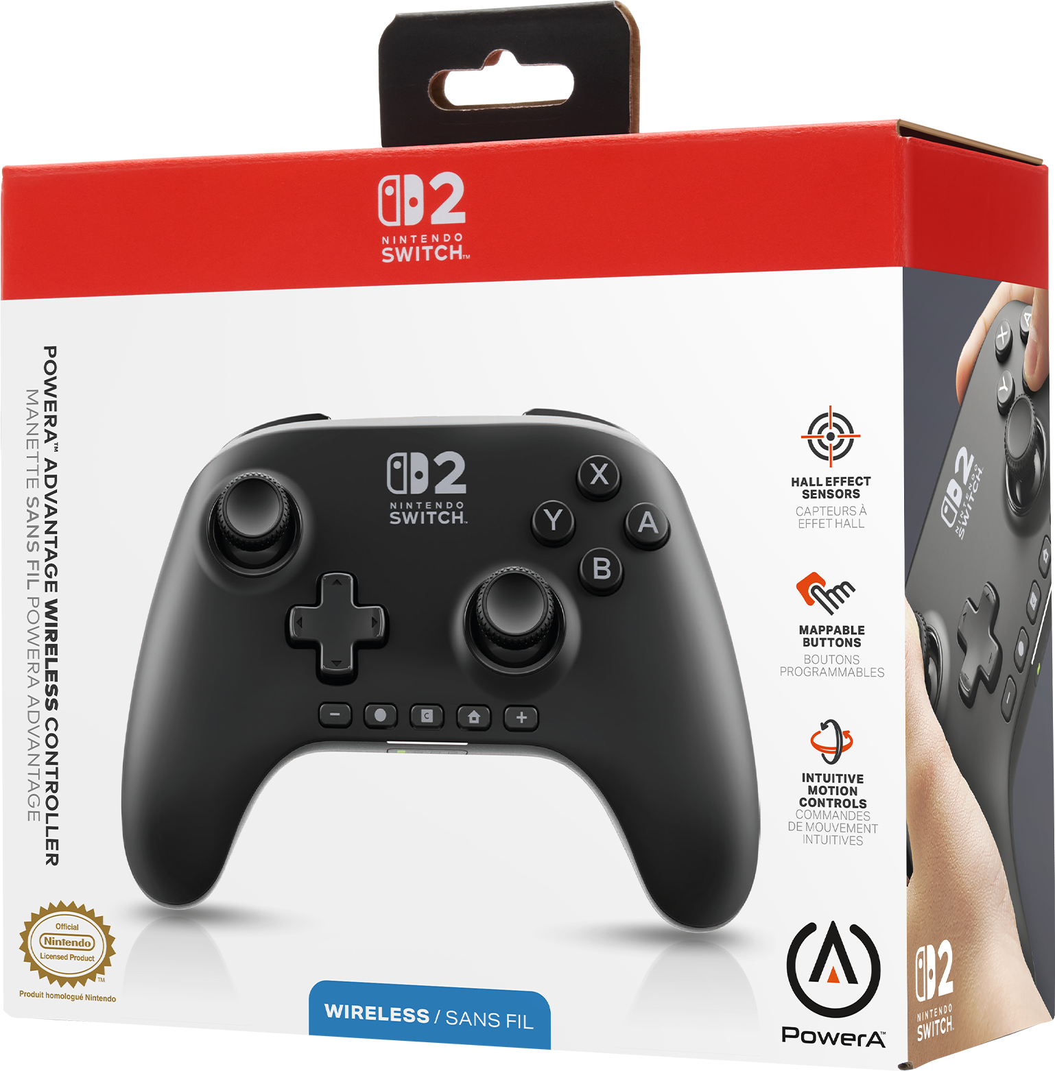 Una scatola nera del controller Nintendo Switch. Mostra il controller con pulsanti e funzioni come sensori a effetto Hall e pulsanti mappabili.