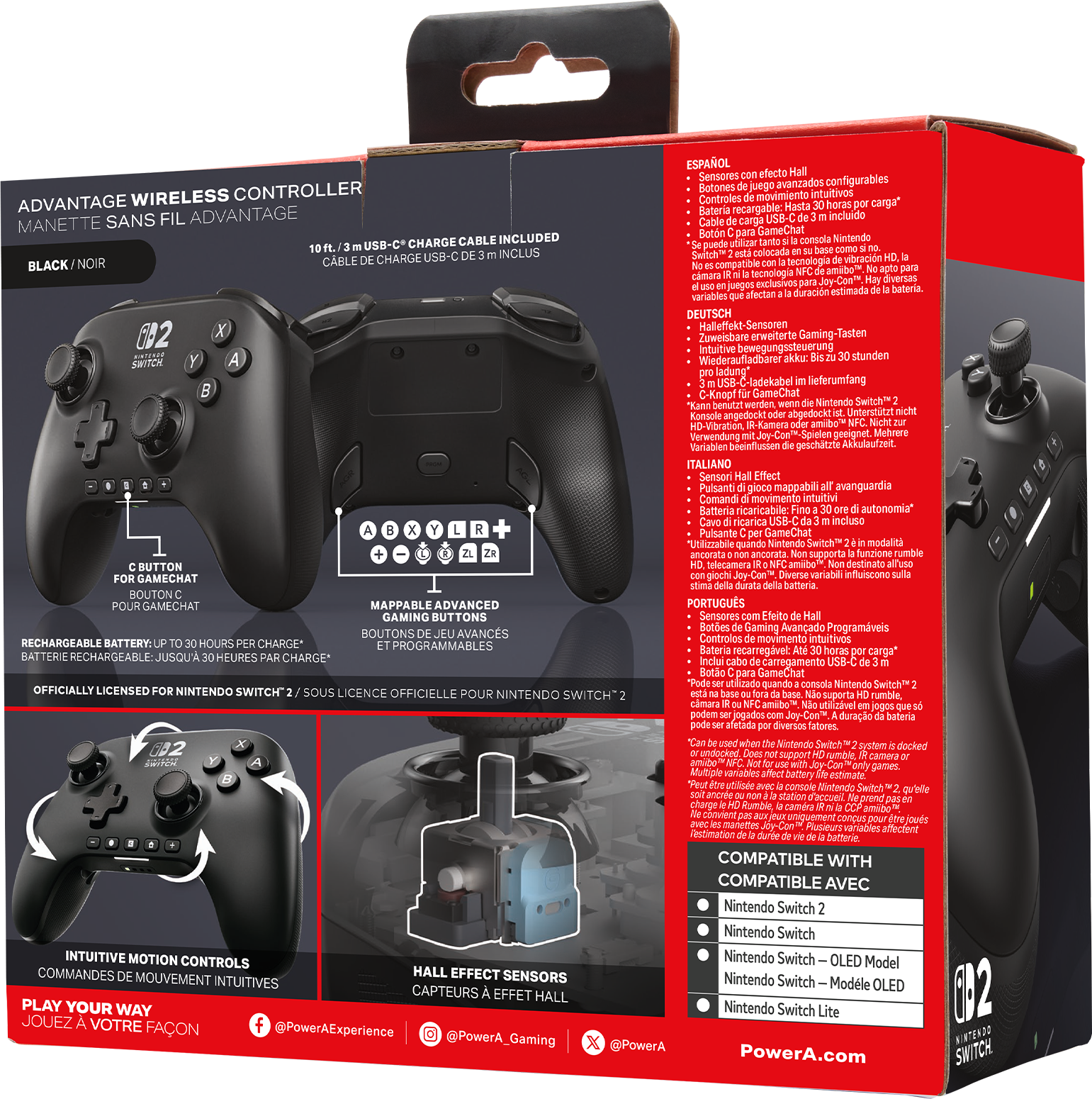 Scatola nera del controller Nintendo Switch. Mostra controller, pulsanti e funzionalità. Testo in inglese e altre lingue.