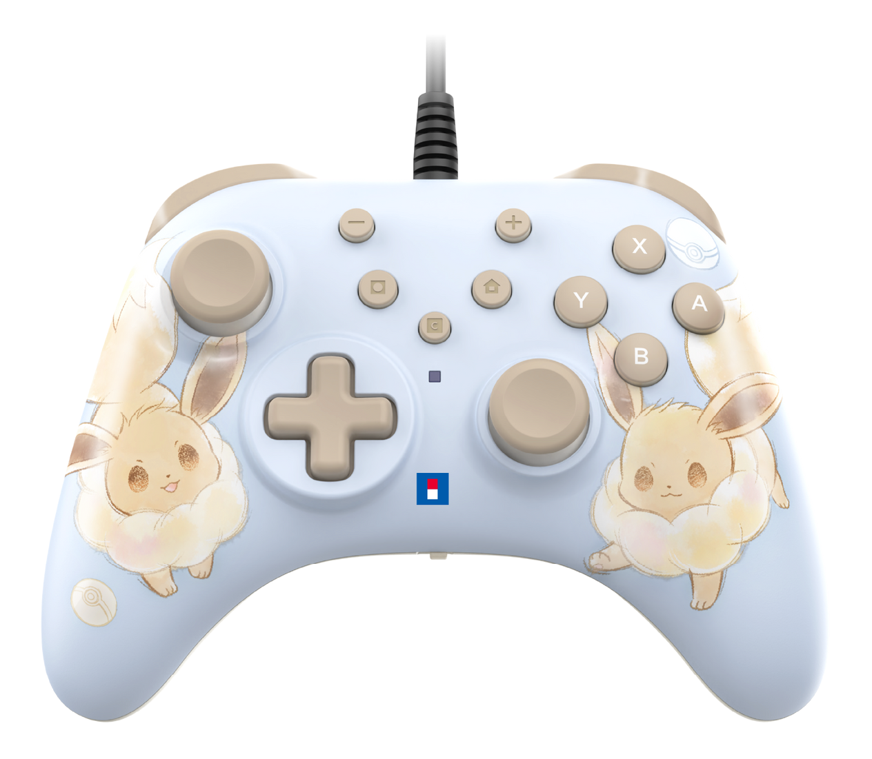 Une manette de jeu bleu clair avec des illustrations d'Évoli. Elle possède des boutons beiges, une croix directionnelle et un câble noir.