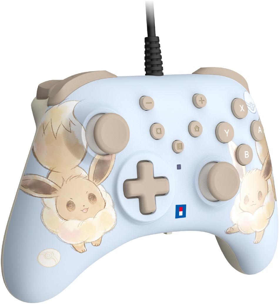 Une manette de jeu bleu clair avec des illustrations d'Évoli, des boutons marron et un cordon noir. Évoli est dessiné sur la manette.