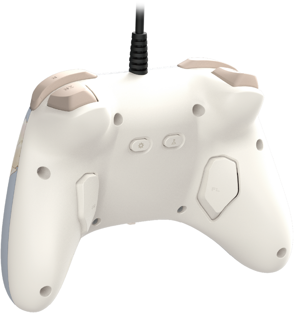 L'arrière d'une manette de jeu blanche avec des boutons beiges. Un câble noir s'étend du haut. Boutons et ports sont visibles.