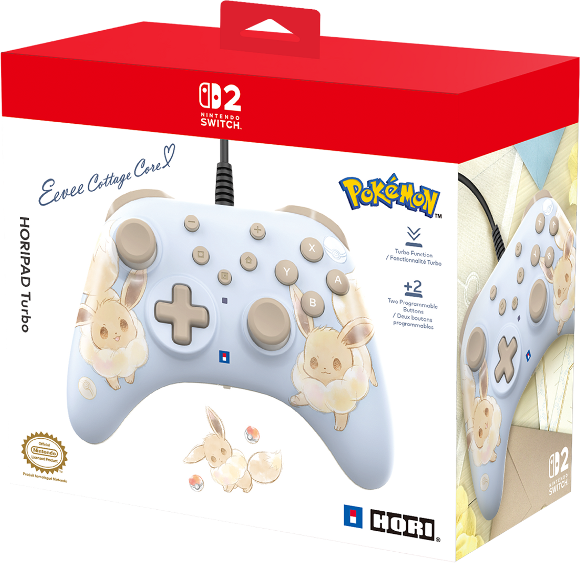Une manette Nintendo Switch dans une boîte. Elle est de couleur bleu clair et représente Évoli de Pokémon.