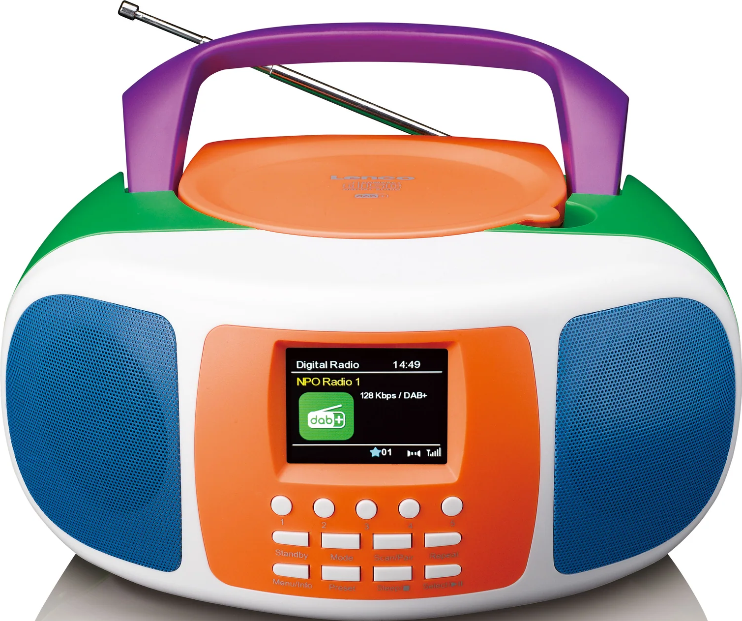 Une radio portable colorée avec un écran affichant 'Radio Numérique'. Elle a une poignée violette, un couvercle de disque orange et des couvercles de haut-parleurs bleus.