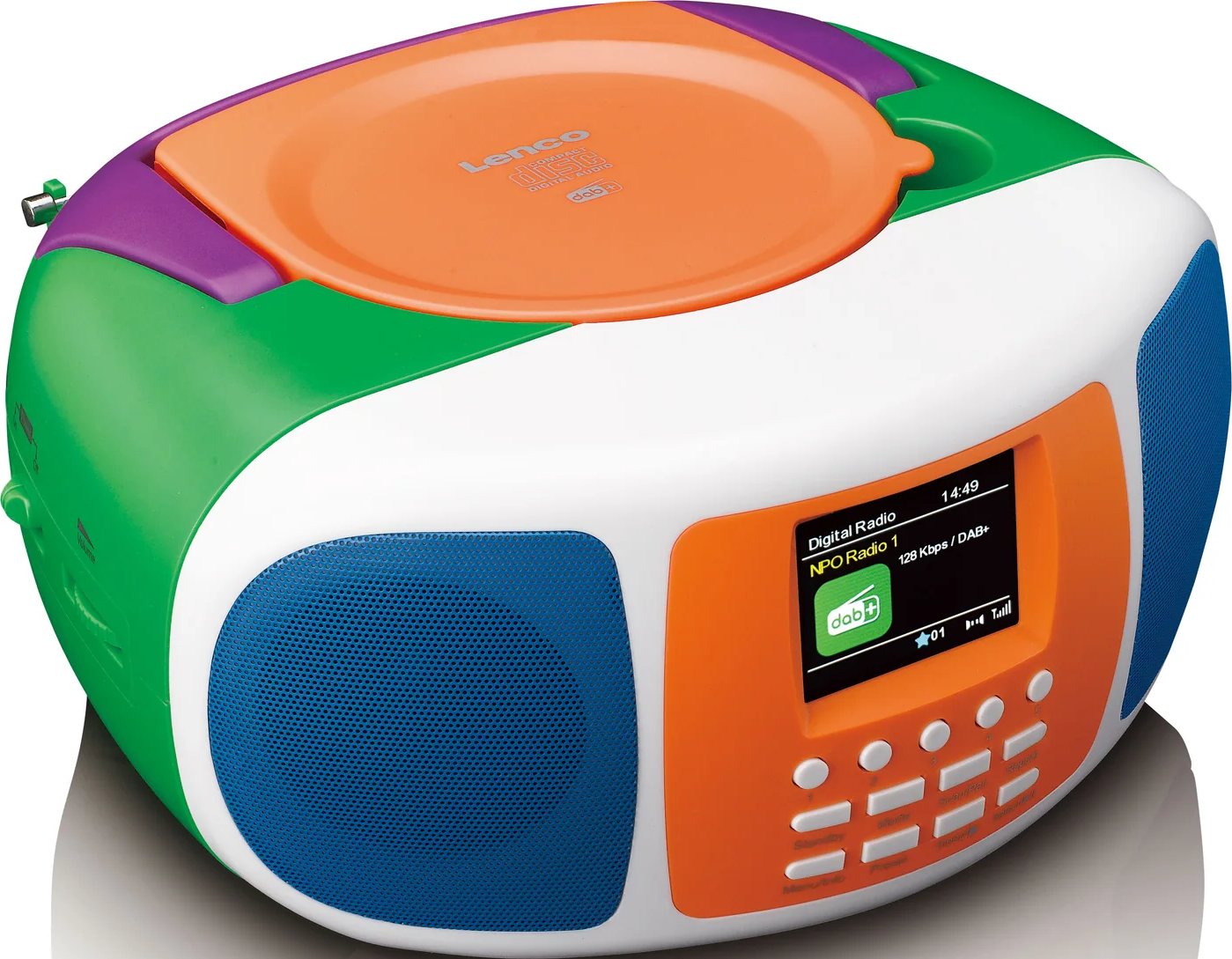 Une radio DAB Lenco colorée avec lecteur CD. Elle possède un dessus orange, des haut-parleurs bleus et un écran affichant les informations radio.