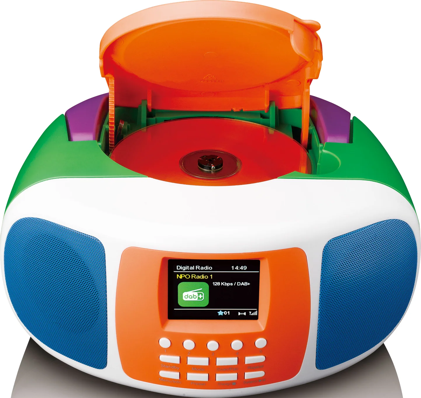 Un lecteur de cassettes coloré avec un CD à l'intérieur, un écran de radio numérique et des boutons. Les couleurs sont blanc, orange, vert, violet et bleu.