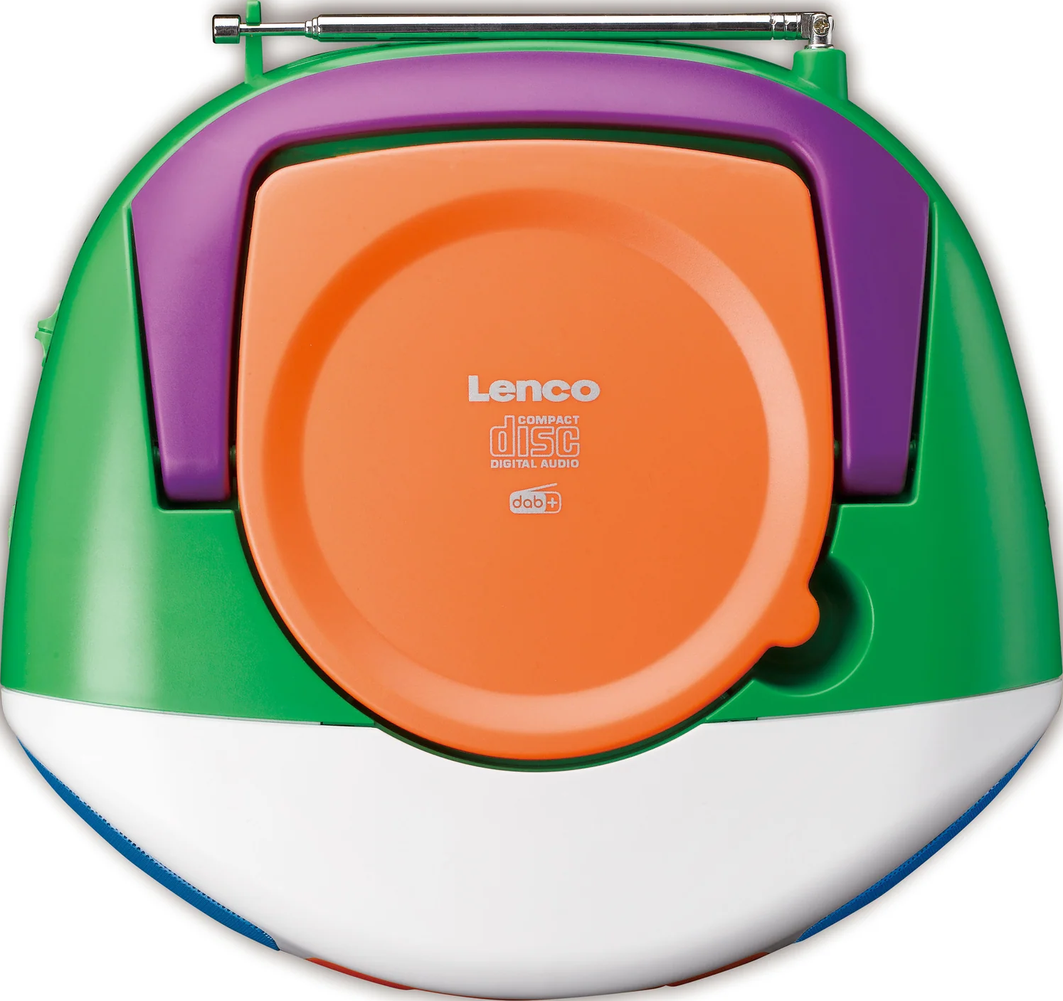 Un lecteur CD Lenco coloré avec porte CD orange, dessus violet, côtés verts et bas blanc. Il possède une antenne argentée et un logo.