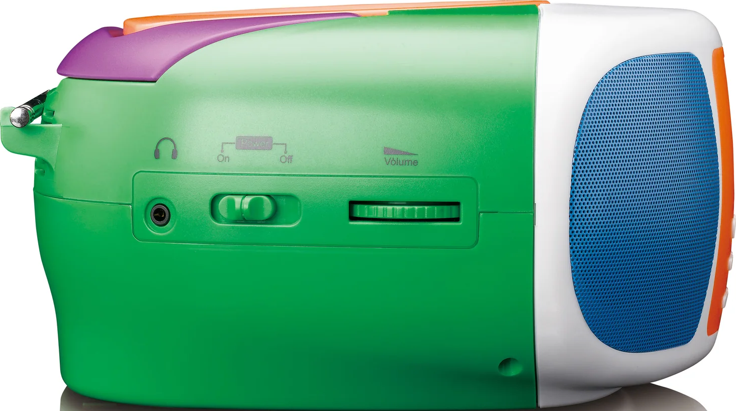 Une radio colorée. Corps vert, accents blancs, bleus et oranges. Comprend des cadrans, des boutons et une grille de haut-parleur.