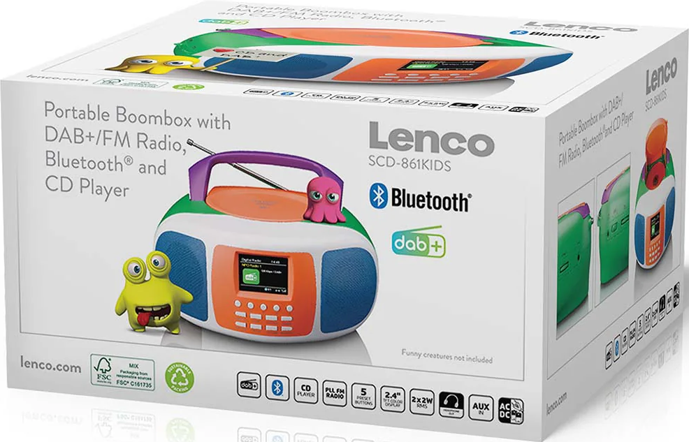 Boîte de boombox Lenco SCD-861KIDS. Elle dispose de la radio DAB+/FM, Bluetooth et d'un lecteur CD. Elle présente des personnages de dessins animés.