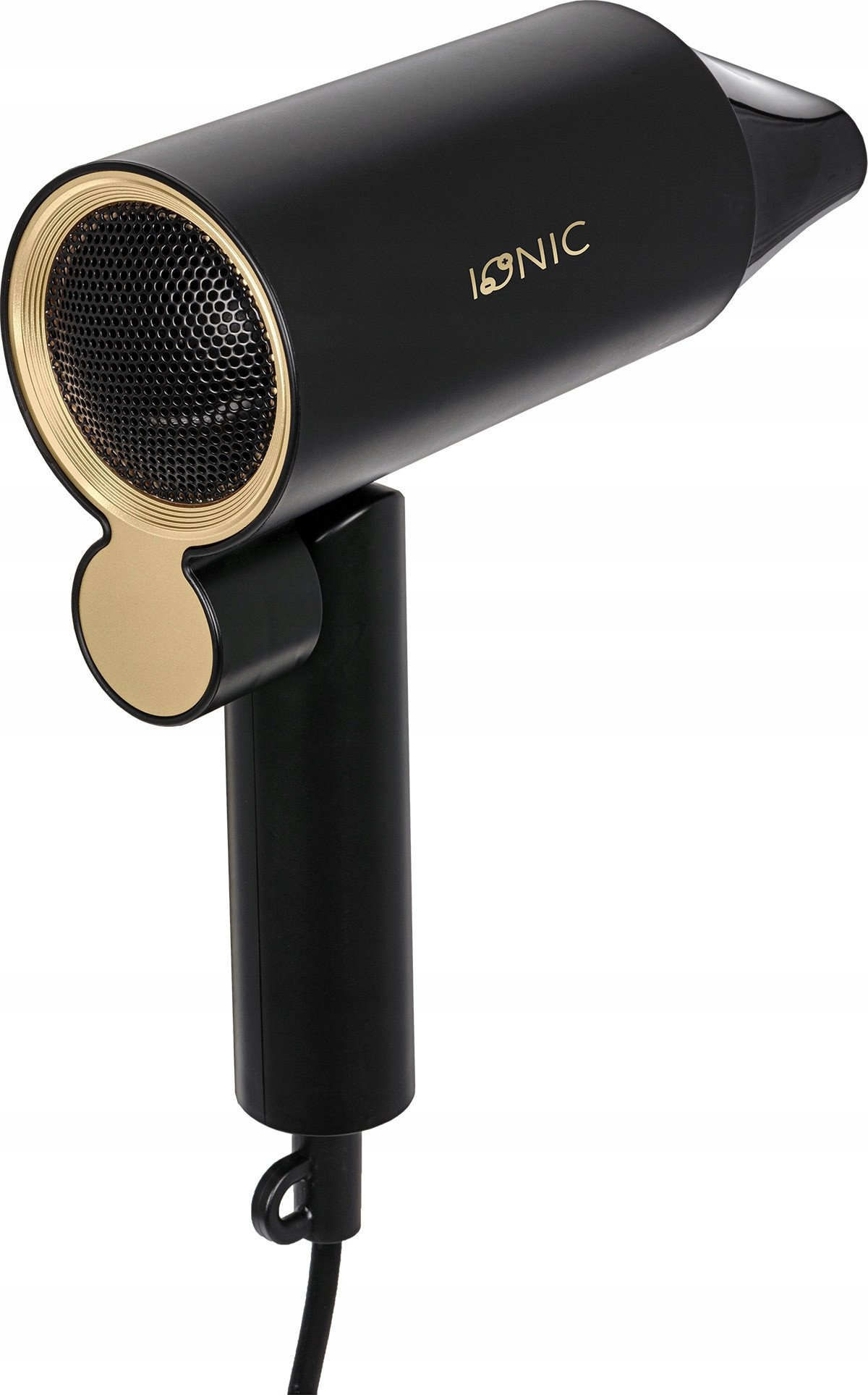 Czarna i złota suszarka do włosów Ionic. Ma czarny korpus ze złotymi akcentami, w tym dyszą i uchwytem. Marka jest widoczna.