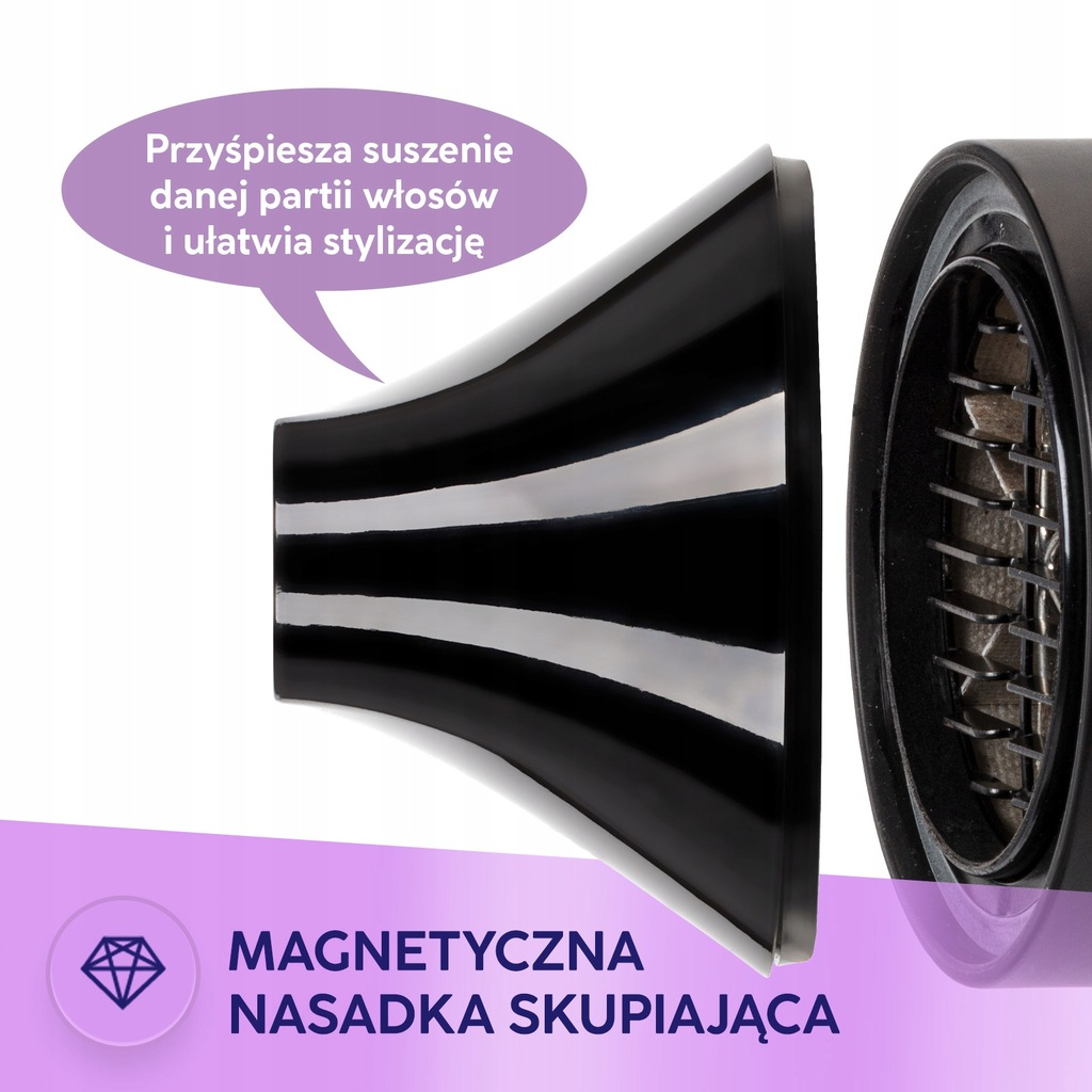 Czarny nasadka do suszarki do włosów z białym paskiem. Tekst po polsku: 'Magnetyczna dysza skupiająca' i opis szybszego suszenia.