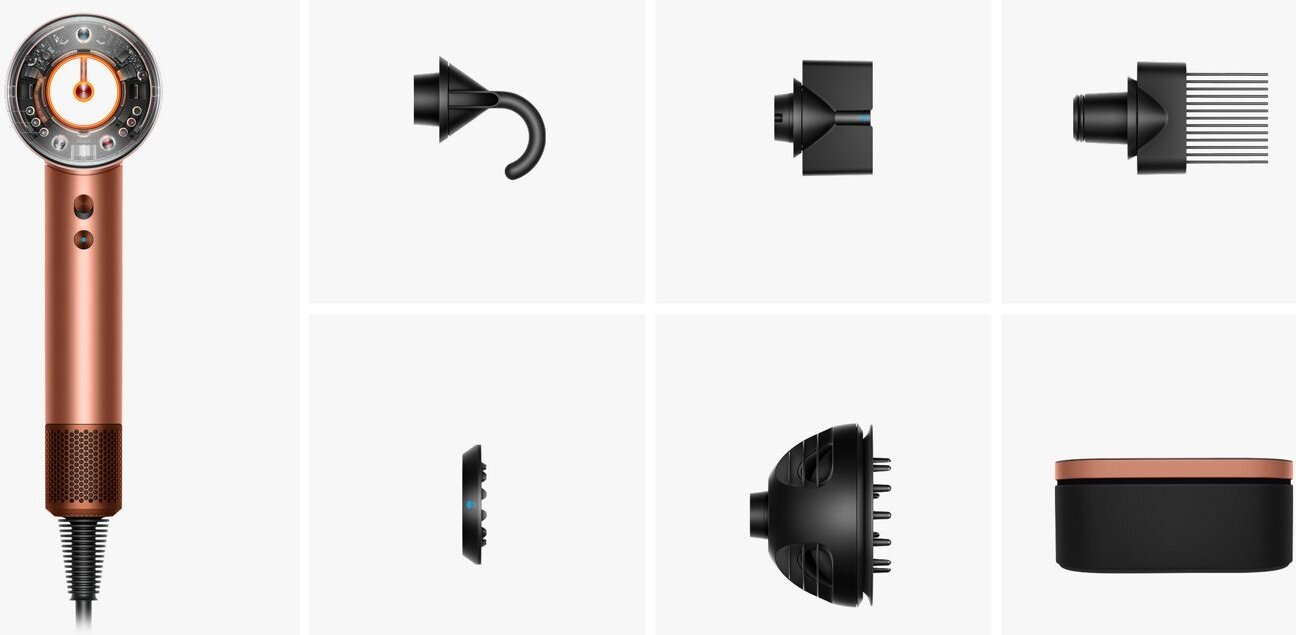 Miedziano-czarna suszarka do włosów z nasadkami. Zawiera dyszę wygładzającą, koncentrator stylizacji i dyfuzor, wszystko czarne.