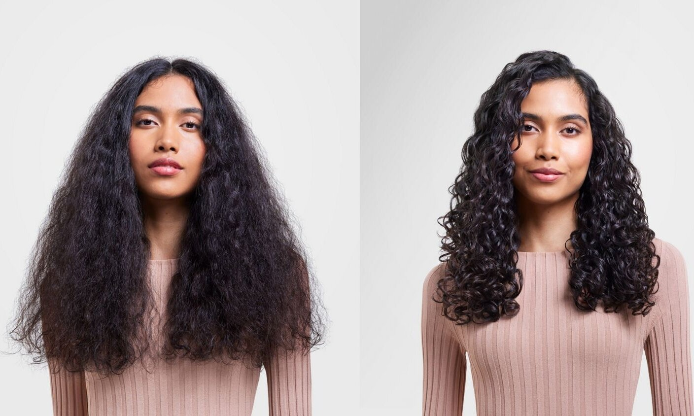 Dwa portrety kobiety z długimi, ciemnymi włosami. Lewa strona: kręcone włosy. Prawa strona: kręcone włosy. Obie mają na sobie różowe topy.