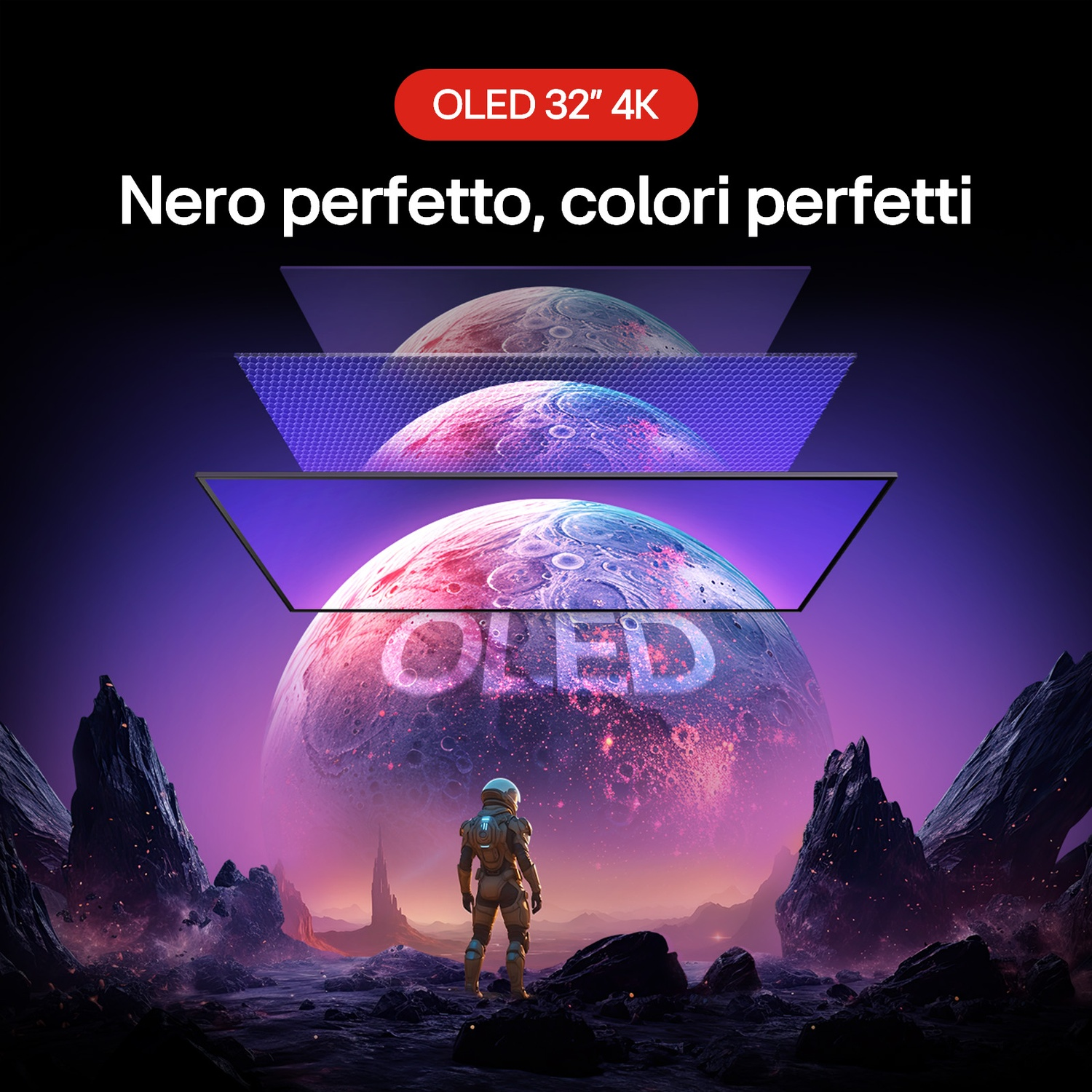 Un astronauta è in piedi davanti a un grande pianeta con 'OLED'. Sopra, il testo recita 'Nero perfetto, colori perfetti'.