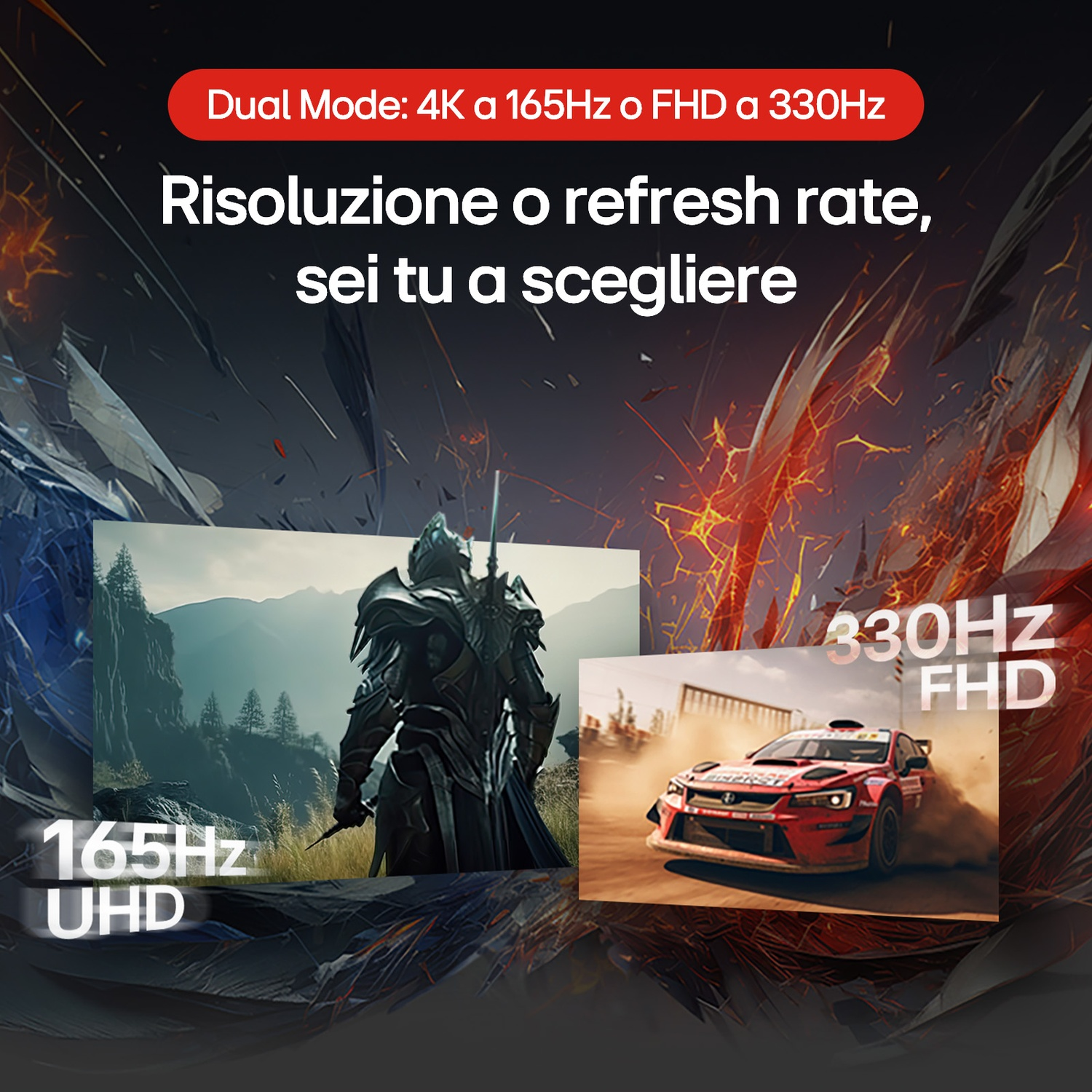 L'immagine mostra un monitor con modalità duale: 4K a 165Hz o FHD a 330Hz. Mostra un cavaliere e un'auto da corsa.