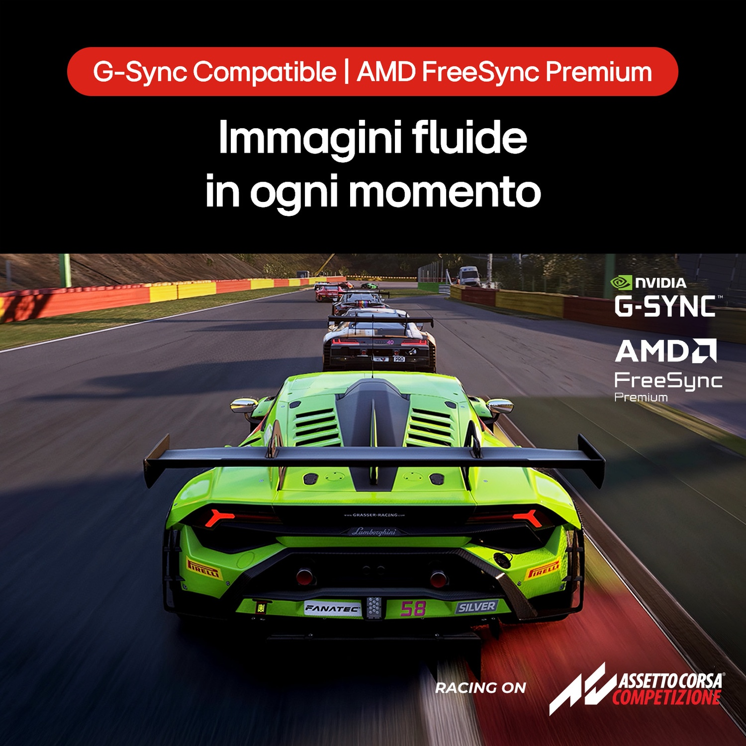 Un'auto da corsa Lamborghini verde sfreccia su una pista. Altre auto sullo sfondo. L'immagine ha testo su G-Sync e AMD FreeSync.
