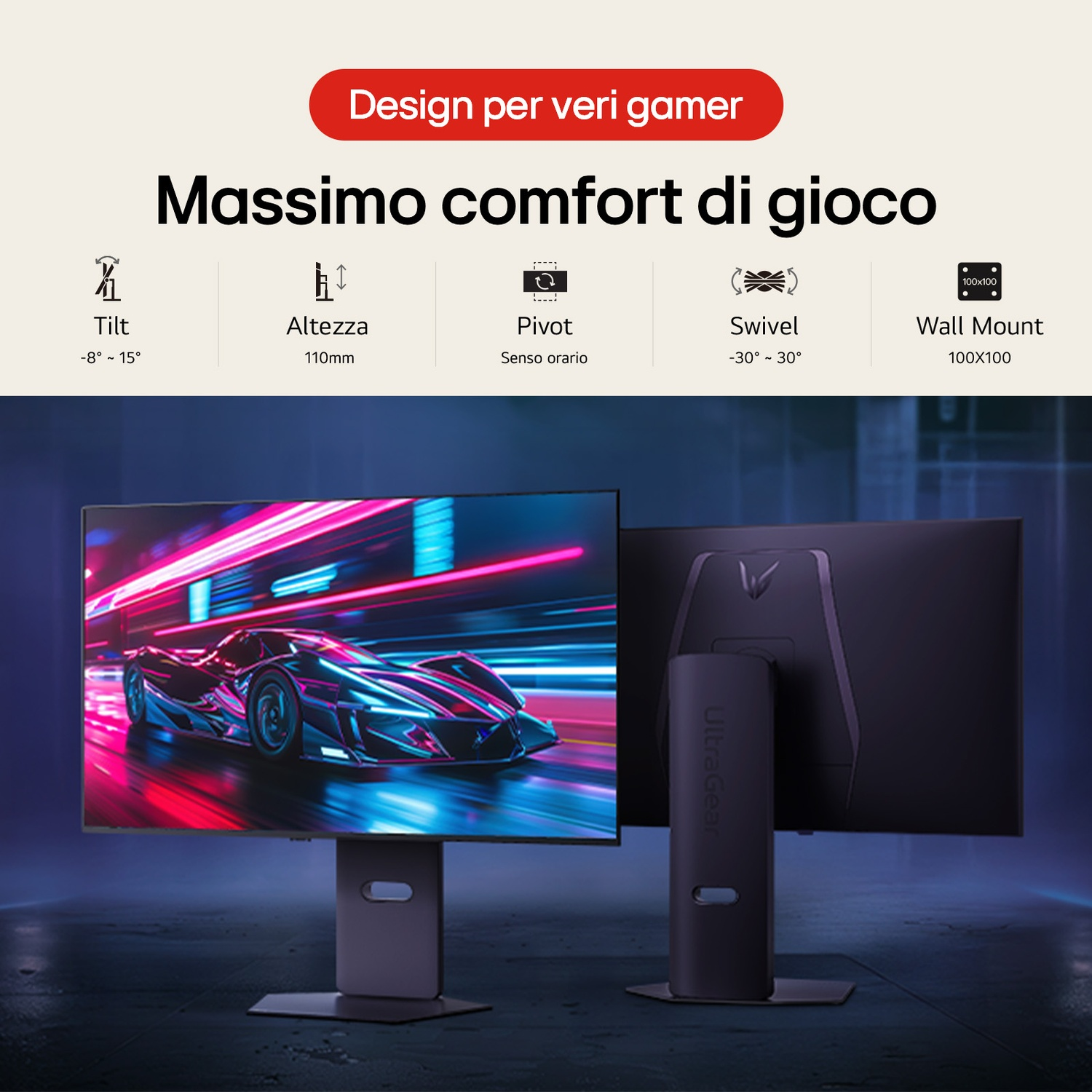 Sono visualizzati due monitor da gioco. Uno mostra un'auto, l'altro è nero. Le statistiche includono inclinazione, altezza, perno, rotazione e montaggio a parete.