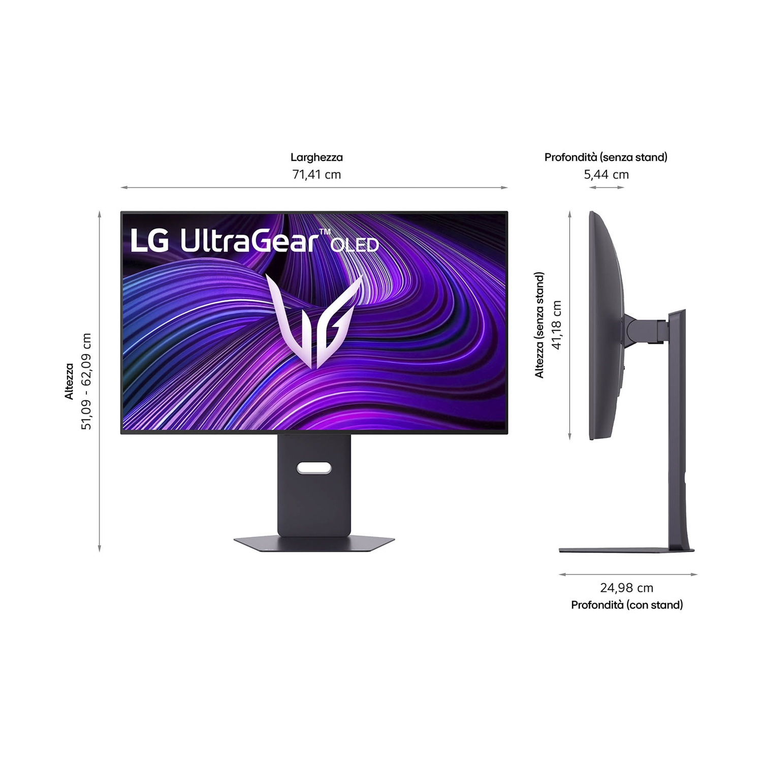 Un monitor LG UltraGear OLED con dimensioni. Lo schermo mostra un design astratto viola. Il monitor è su un supporto nero.