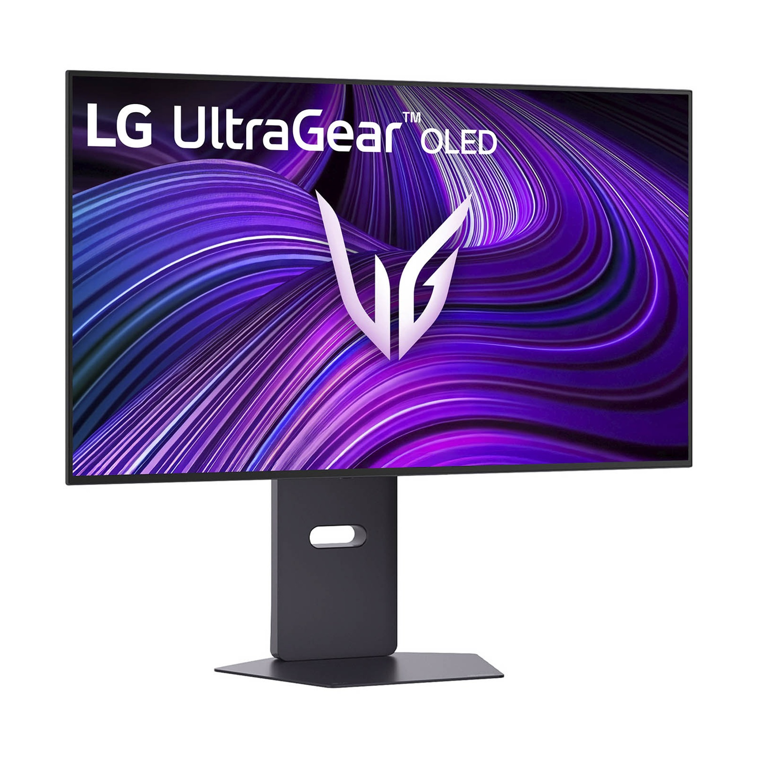 Monitor LG UltraGear OLED. Sfondo astratto viola e bianco. Supporto nero. Logo bianco.