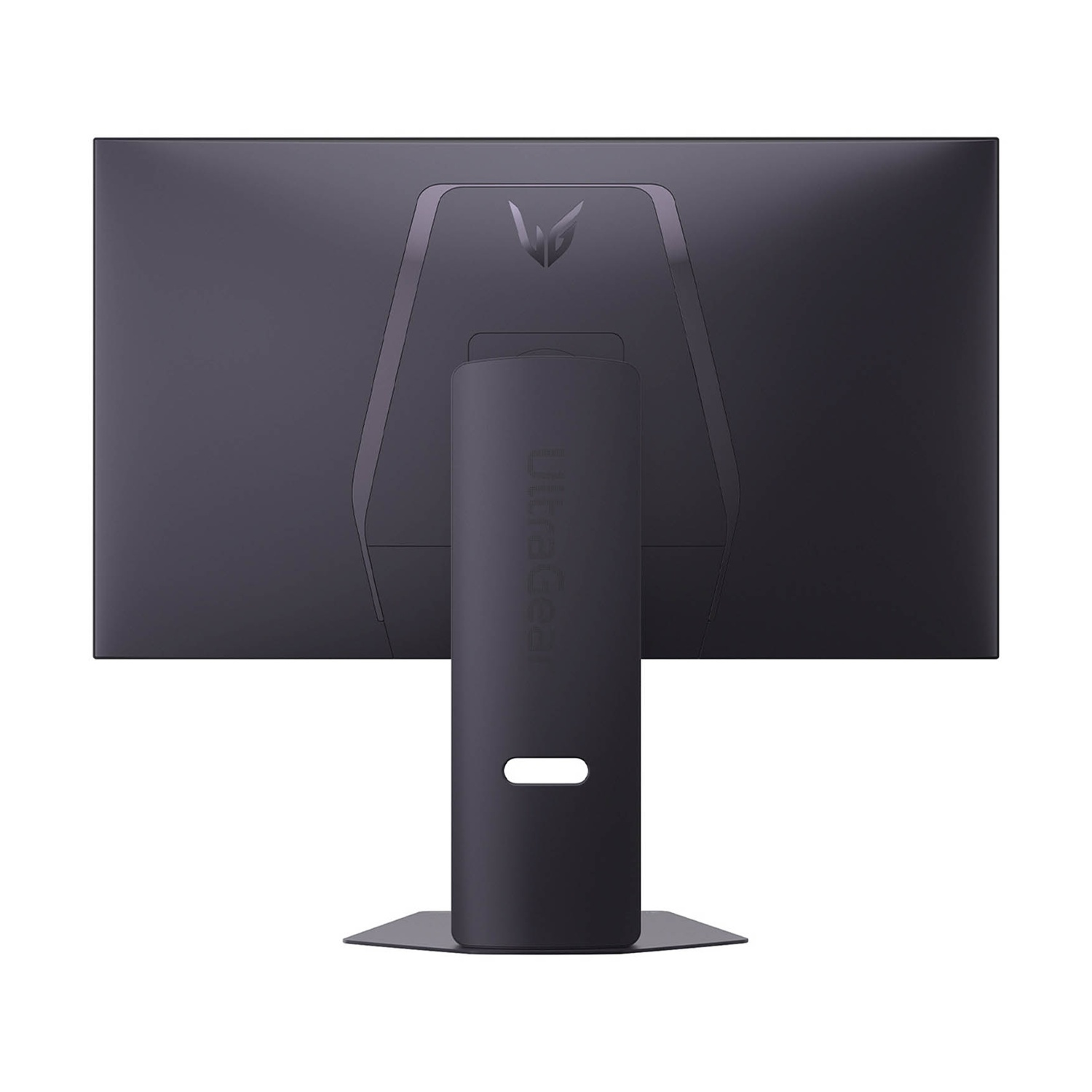 Vista posteriore di un monitor scuro. Il supporto è nero con la parola 'UltraGear'. Il logo LG è visibile in alto.