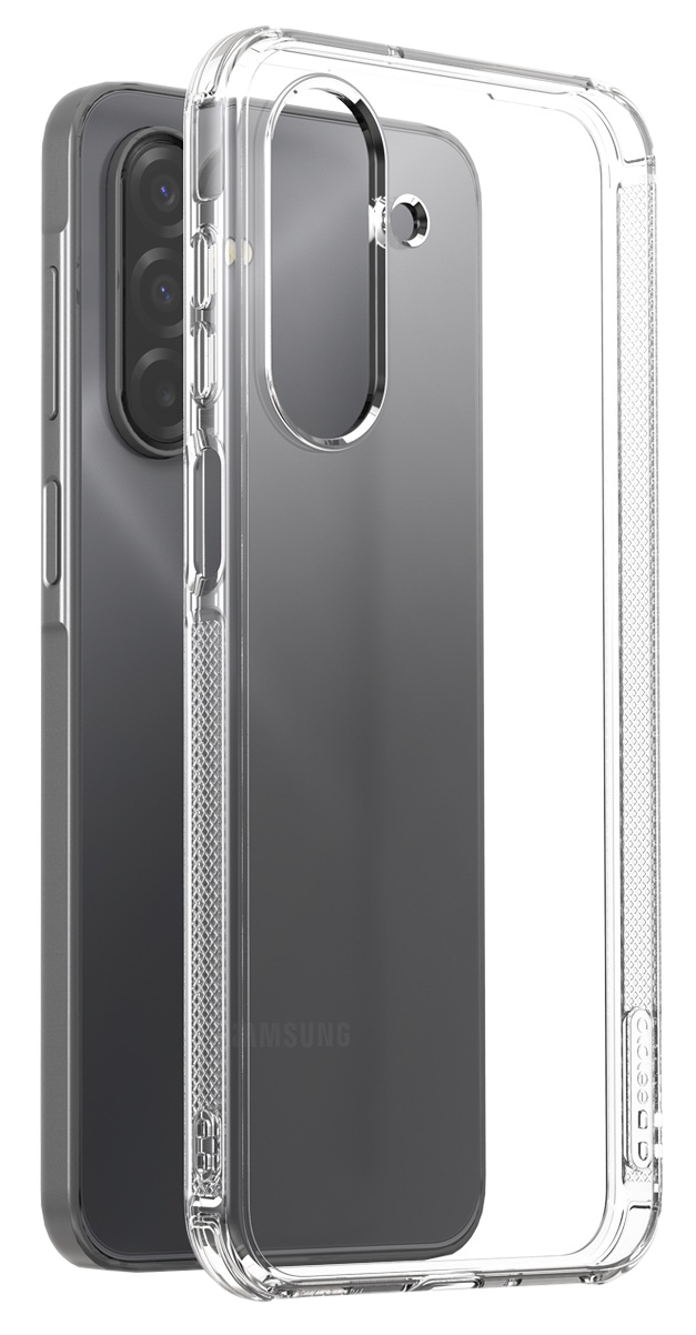 Pokazano dwa telefony z przezroczystymi etui ochronnymi. Jeden jest za drugim. Logo Samsung jest widoczne z tyłu.