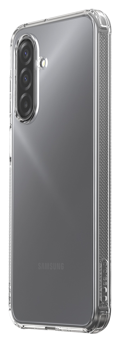 Przezroczyste etui na szarym telefonie Samsung. Etui ma podwyższoną krawędź, a telefon trzy kamery.