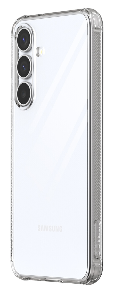 Przezroczyste etui na telefonie na białym tle. Etui znajduje się na telefonie Samsung, pokazując aparat.